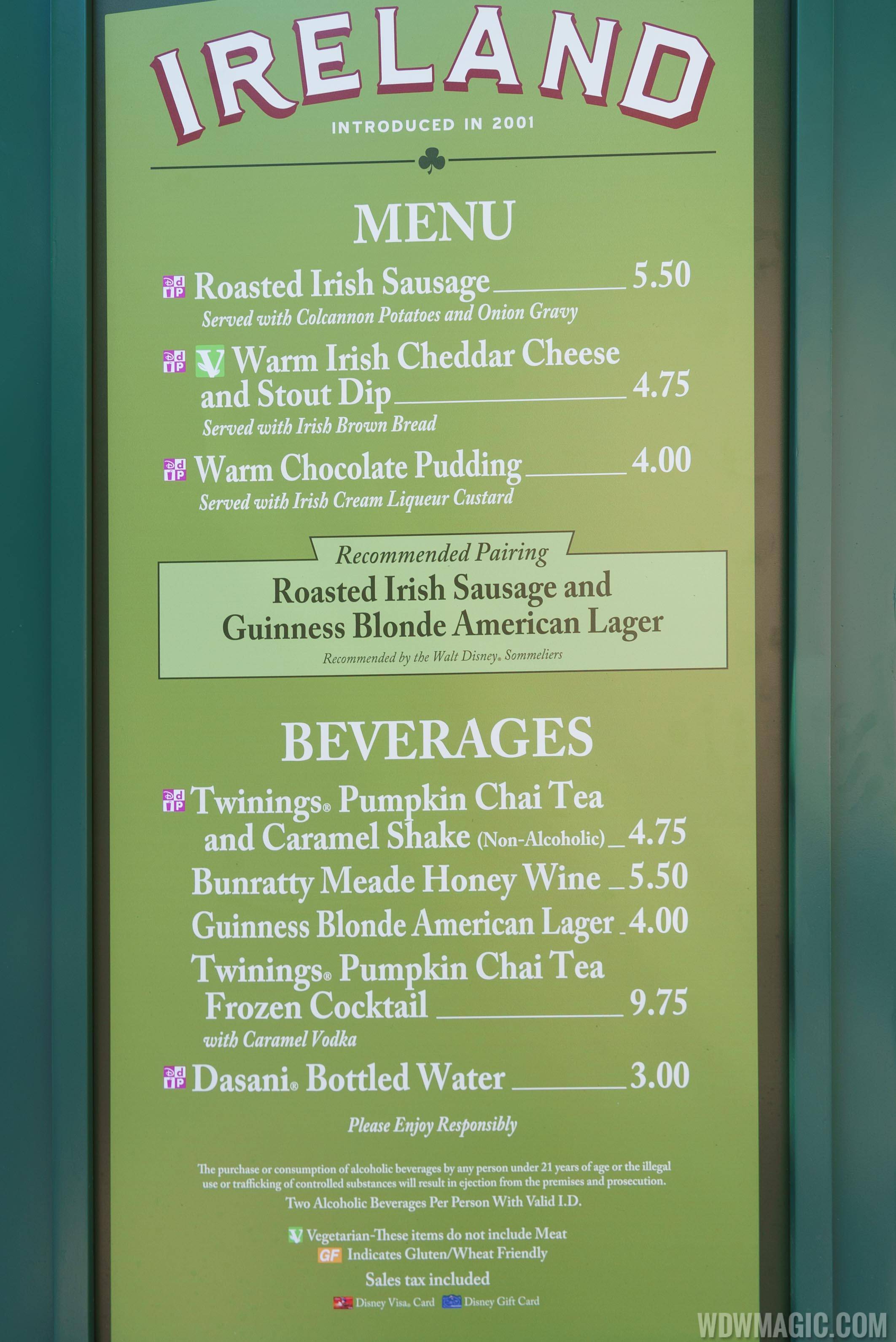 2017 Epcot Food and Wine Festival - Ireland marketplace kiosk menu