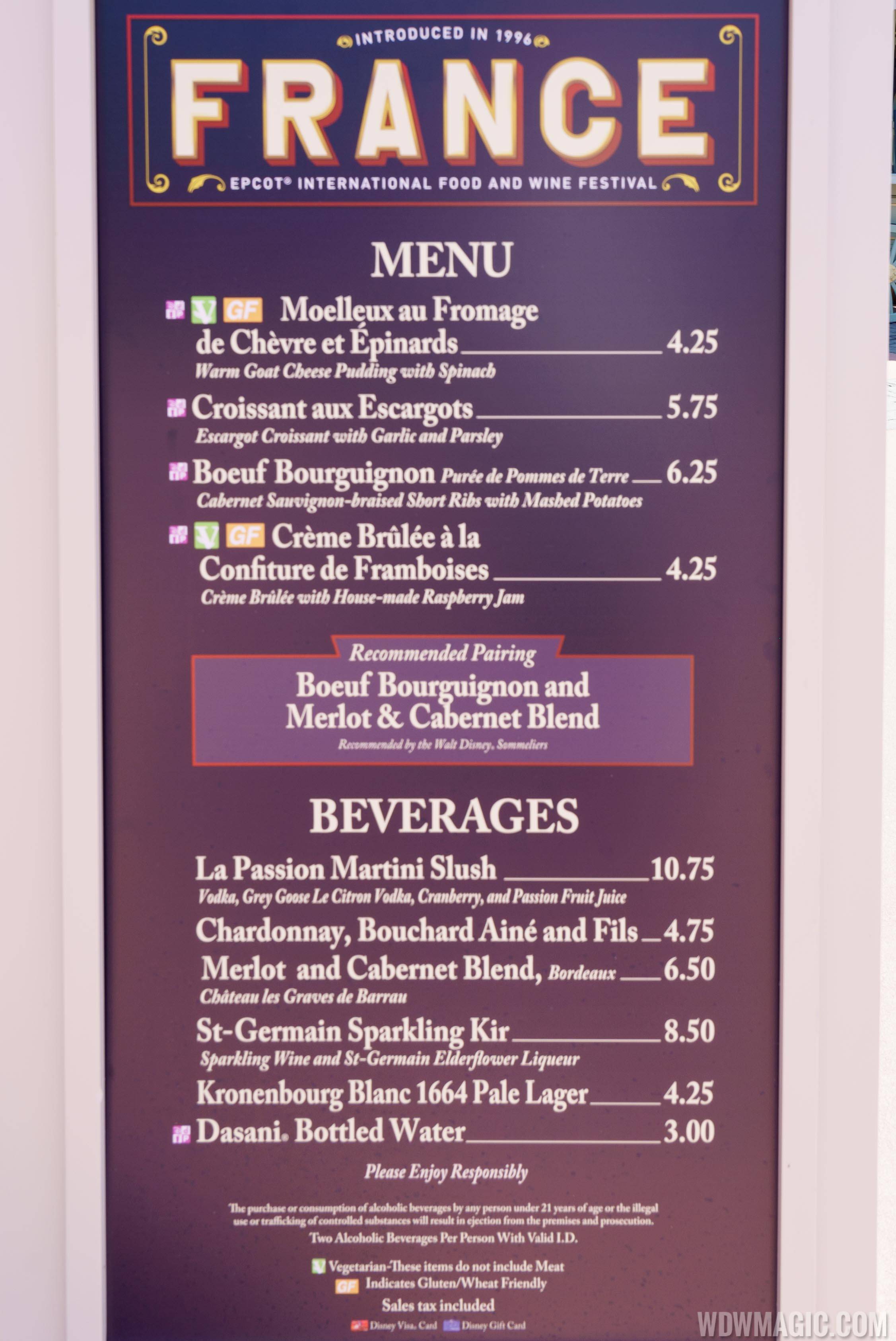 2017 Epcot Food and Wine Festival - France marketplace kiosk menu