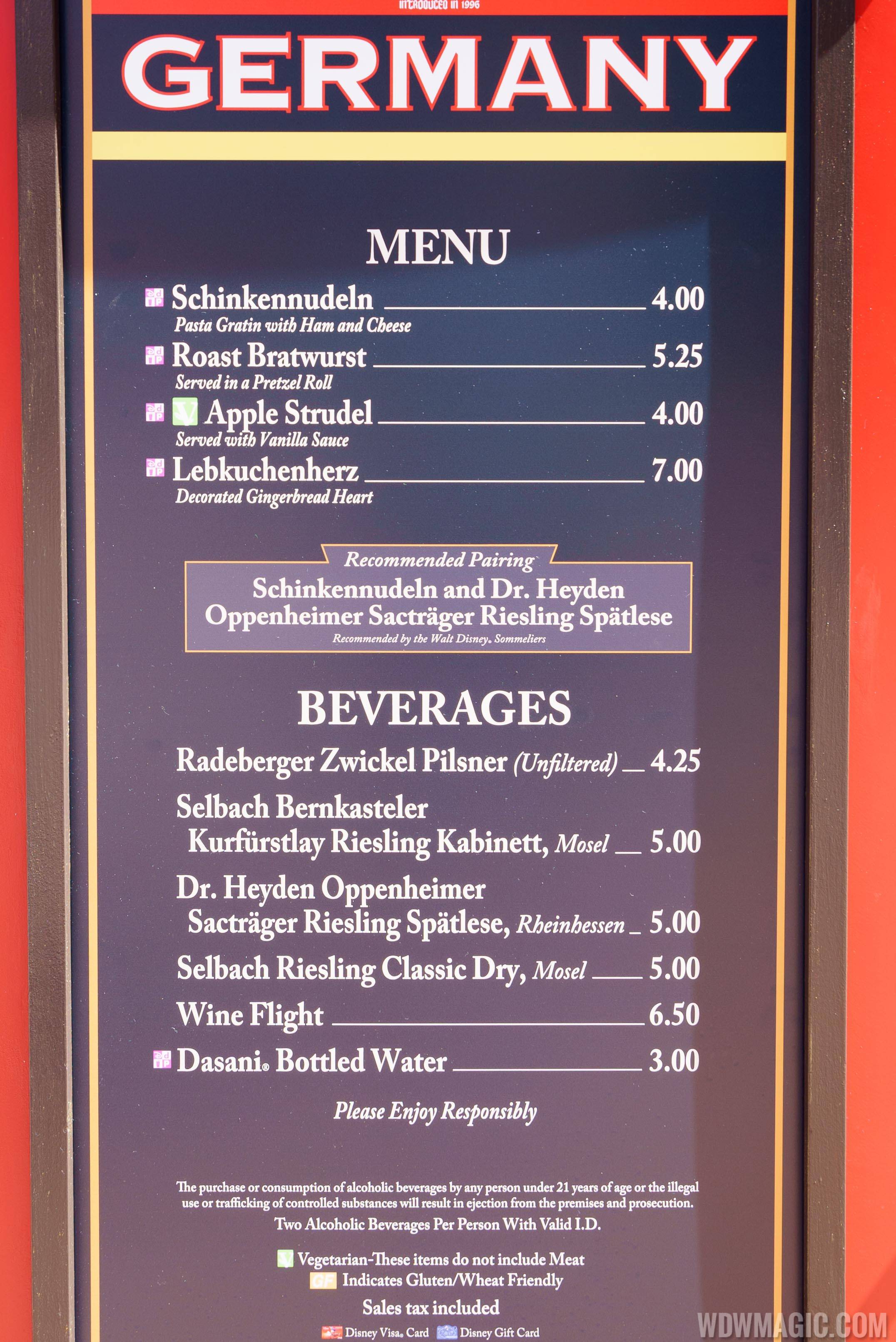 2017 Epcot Food and Wine Festival - Germany marketplace kiosk menu