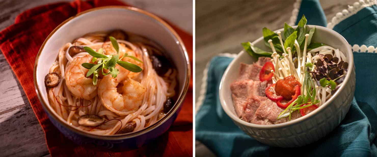 The Noodle Exchange - Shrimp and Coconut Curry Rice Noodles with Shiitake Mushrooms and Thai Basil and Traditional Spicy Vietnamese Beef Pho with Shaved Beef, Enoki Mushrooms, and Thai Basil