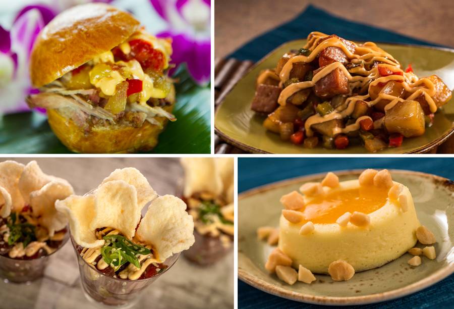 Dishes at the 2021 EPCOT International Food and Wine Festival Global Marketplace kiosks