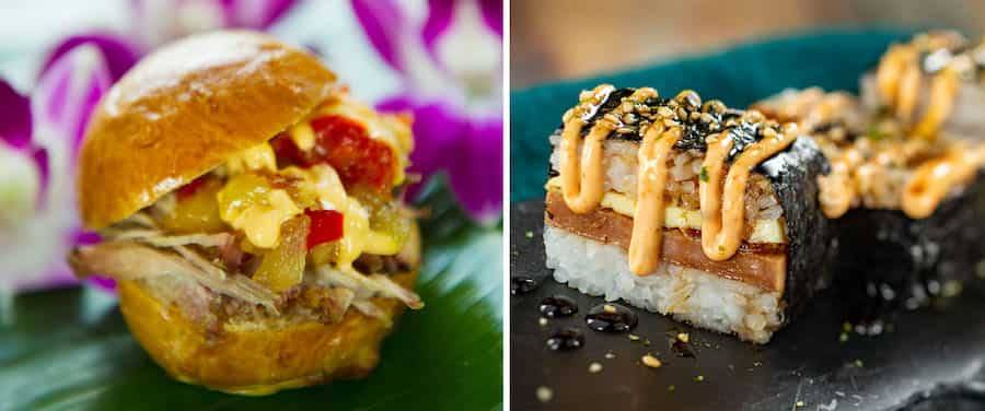 Kalua Pork Slider with sweet-and-sour DOLE pineapple chutney and spicy mayonnaise.  SPAM Musubi Nigiri with sushi rice, teriyaki-glazed SPAM, spicy mayonnaise, eel sauce, and nori .
