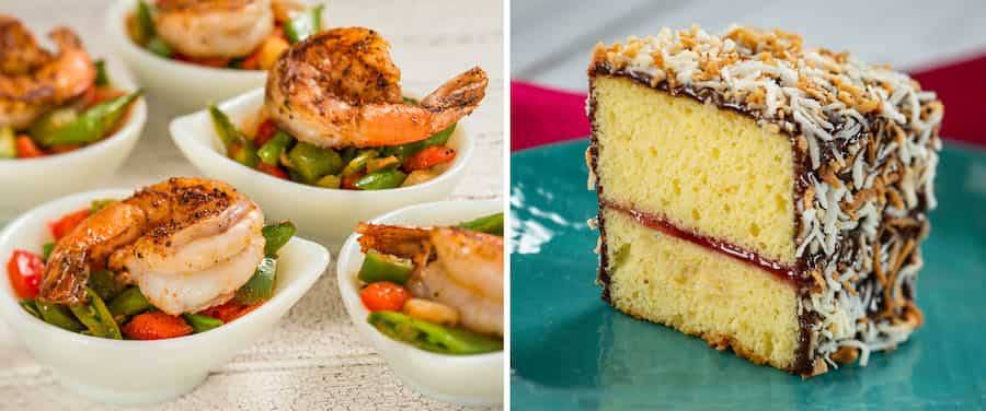 Grilled Sweet-and-Spicy Bush Berry Shrimp with pineapple, pepper, onion, and snap peas. Lamington: Yellow cake with raspberry filling dipped in chocolate and coconut.