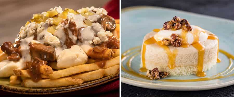 Braised Beef Poutine: French fries, Boursin Garlic &amp; Fine Herbs Cheese Sauce, cheese curds, and gherkin relish. Maple cheesecake with whipped maple bourbon cheese and candied pecans.