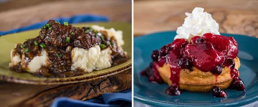 Beer-braised Beef served with smoked gouda mashed potatoes. Belgian Waffle with berry compote and whipped cream.