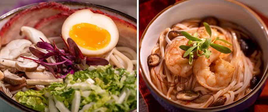 Chinese Char Siu Pork Udon with mushrooms, bok choy, and soy pickled egg. Thai Shrimp and Coconut-Curry Rice Noodles with shiitake mushrooms and Thai basil.