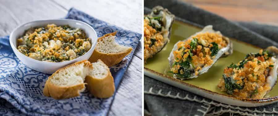 Baked Scampi Dip with shrimp, scallops, and baguette. Oysters Rockefeller.
