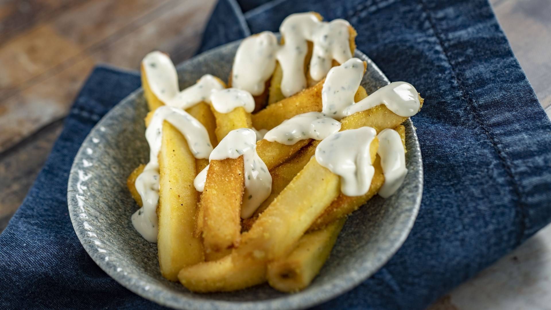 Adobo Yuca Fries with Plant Based Garlic Cilantro Aioli Plant Based