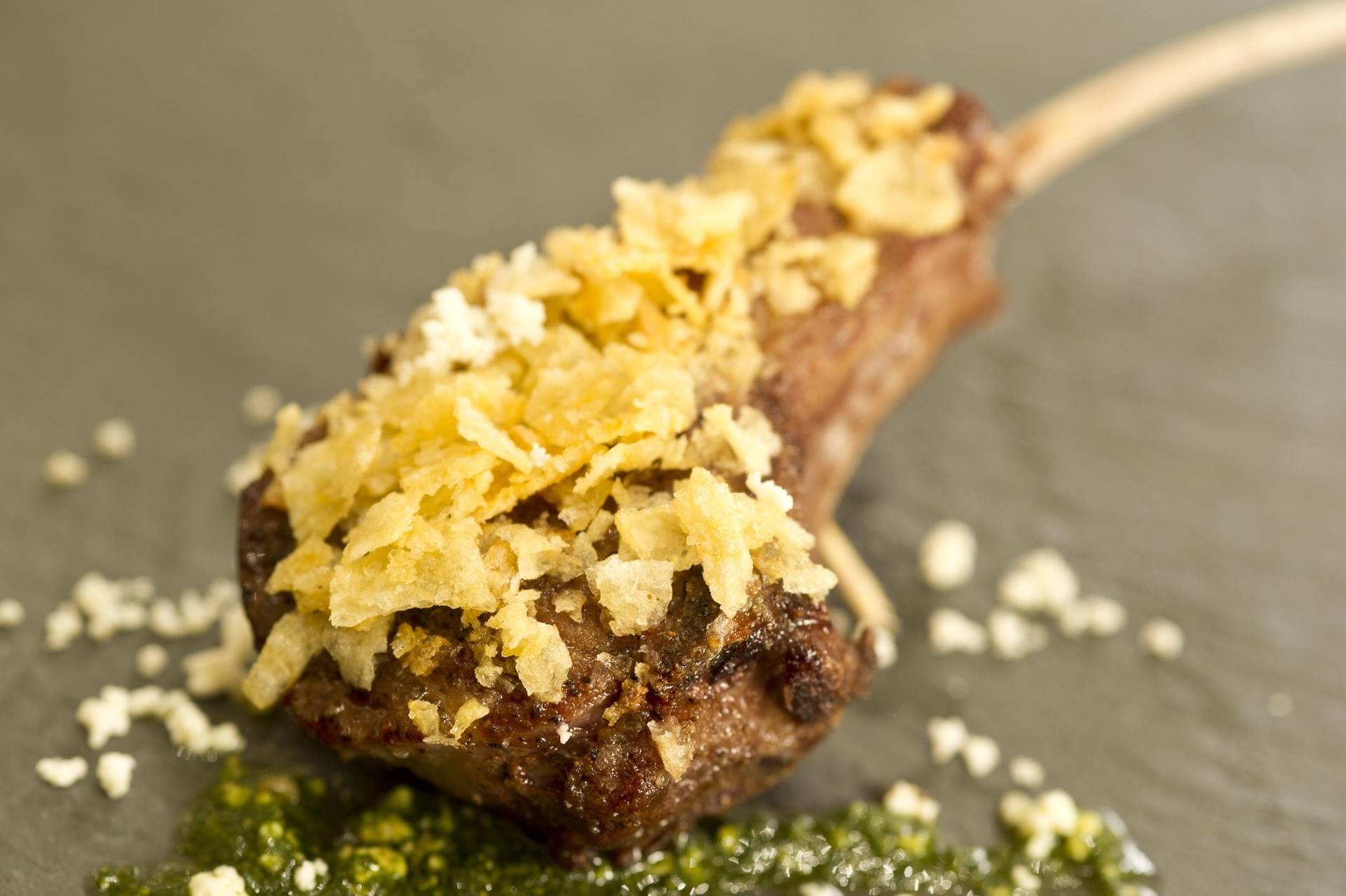 Roasted Lamb Chop with Mint Pesto and Crushed Salt and Vinegar Potato Chips