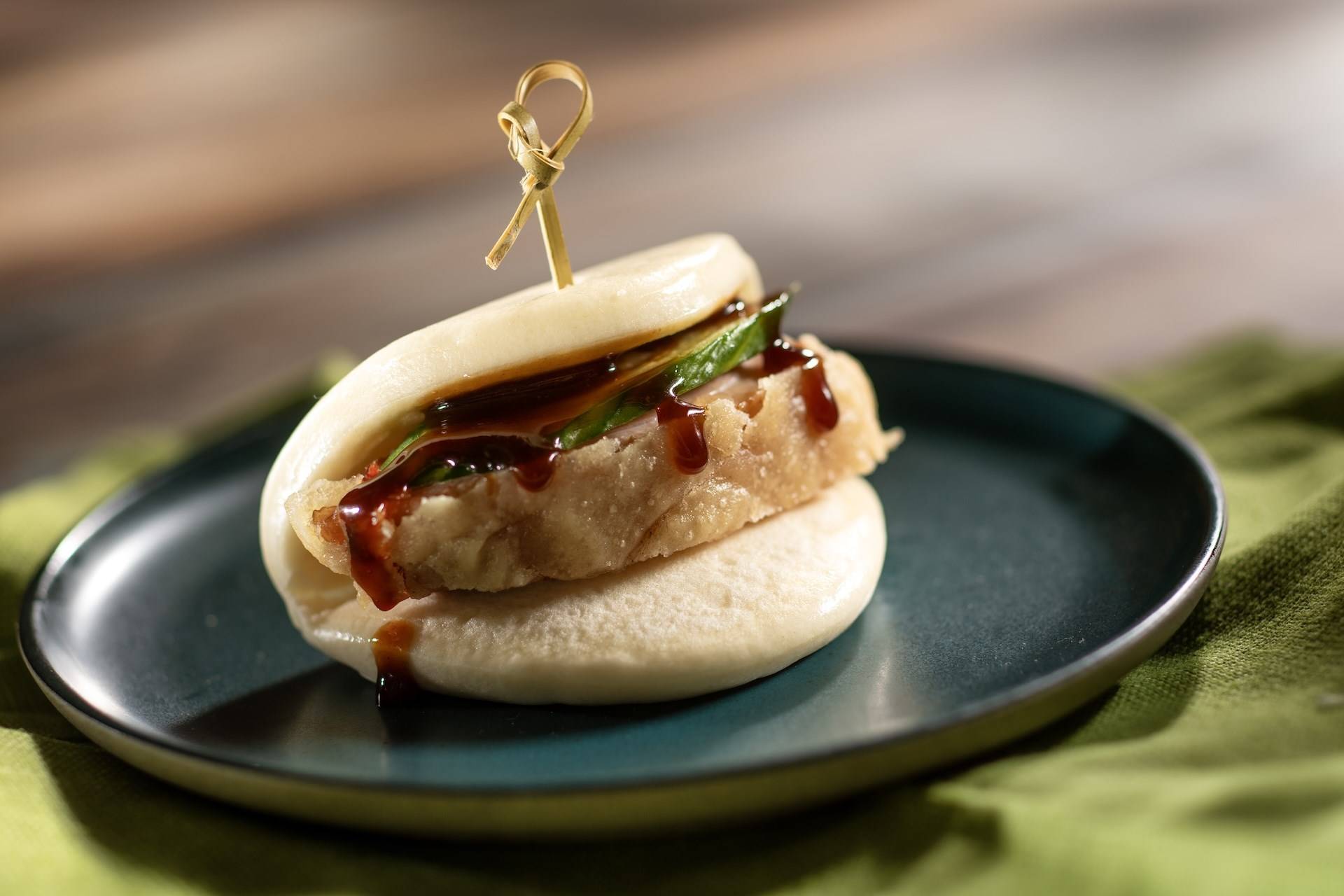 Smoked Duck Bao Bun with Pickled Cucumber Scallion and Hoisin Sauce