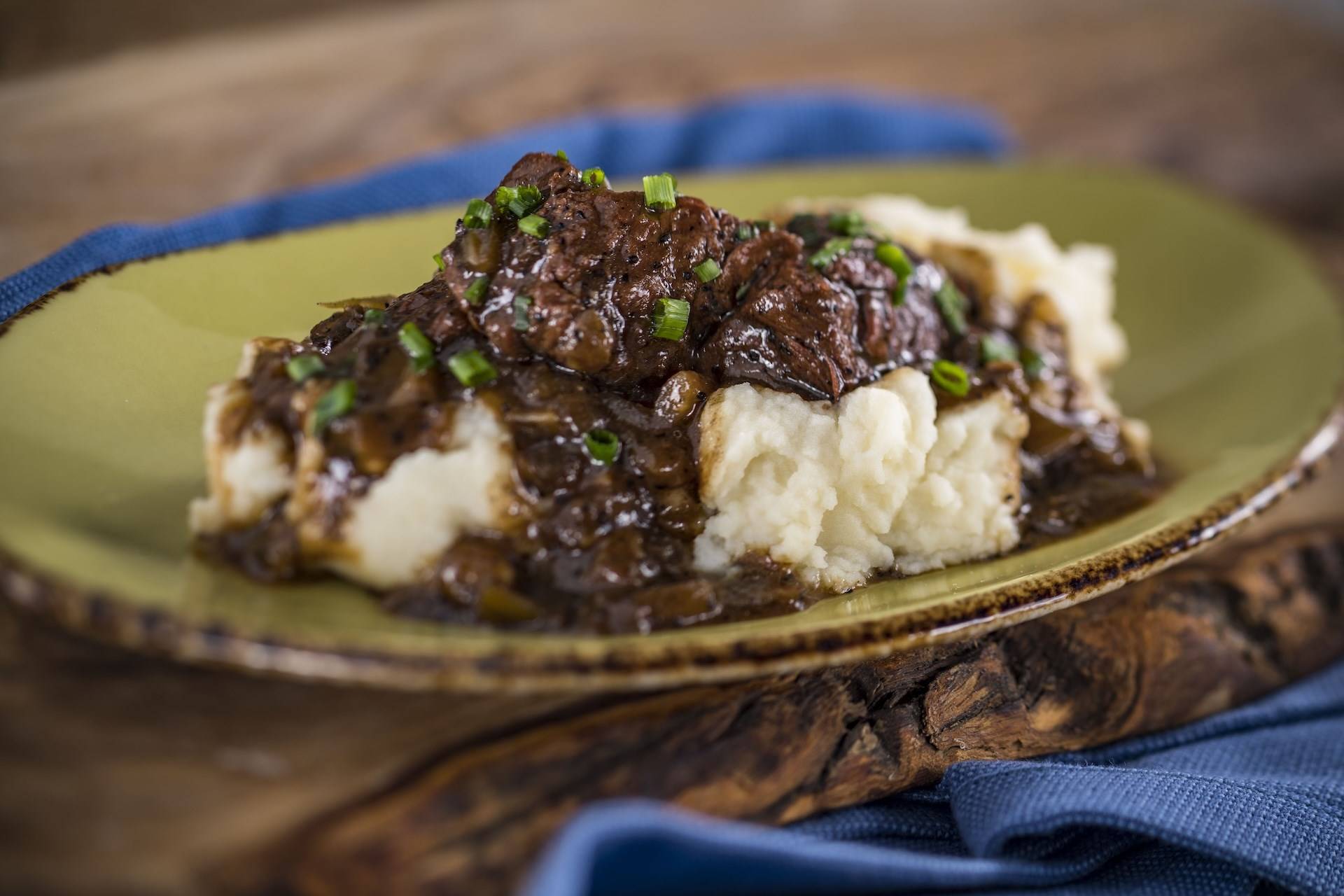 Beer Braised Beef Served with Smoked Gouda Mashed Potatoes