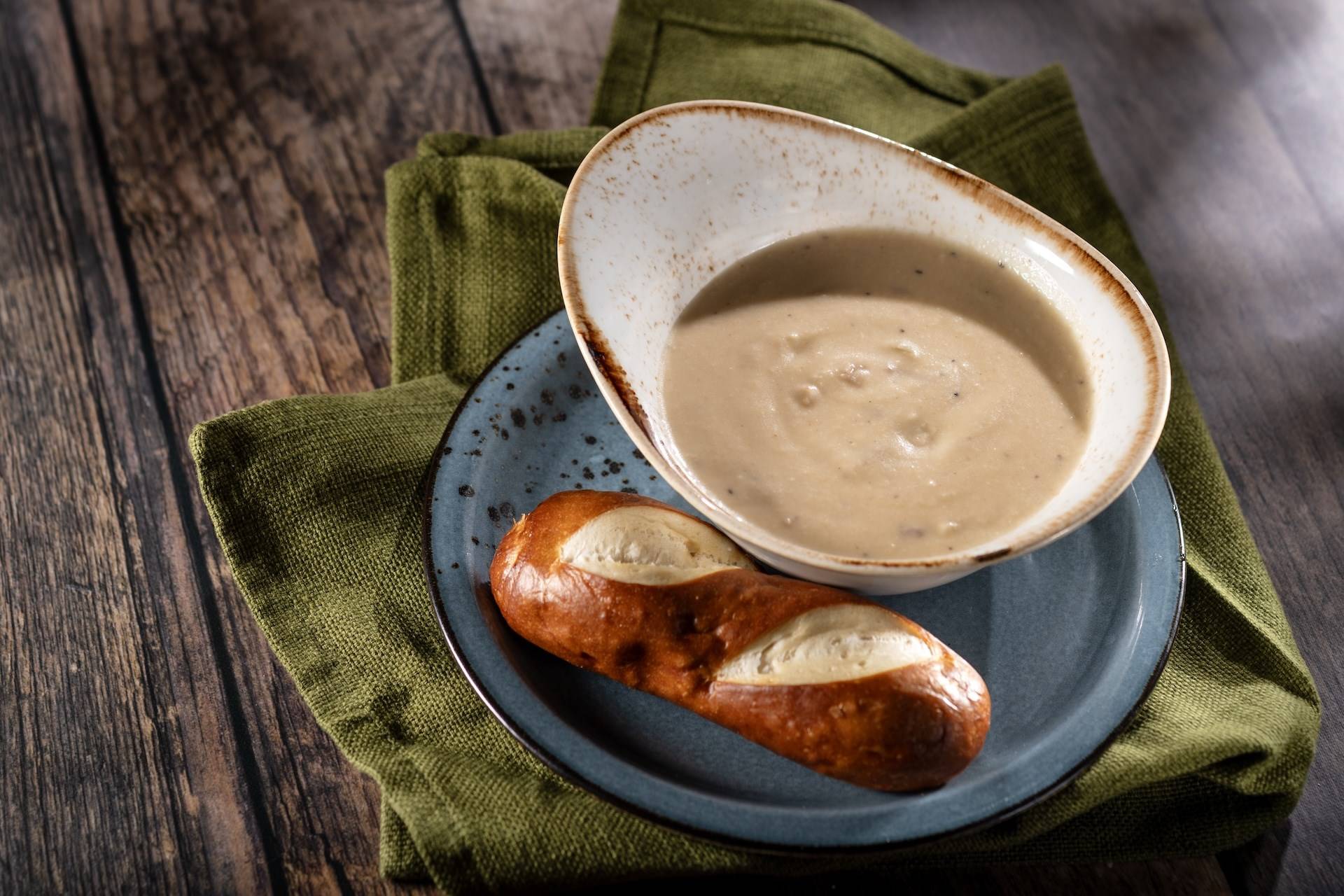Cheddar and Bacon Soup Served with a Pretzel Roll Introduced in 2000