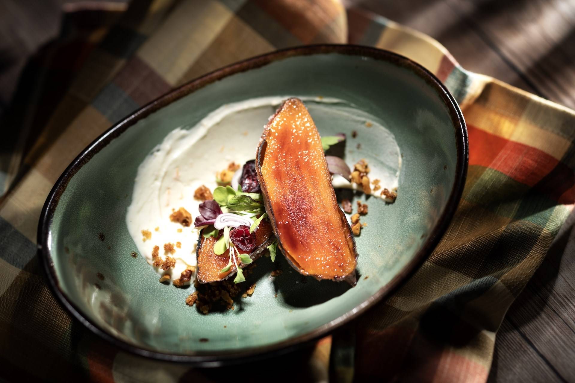 Bruleed Sweet Potatoes with Dried Cranberries Walnut Streusel and Orange Goat Ch