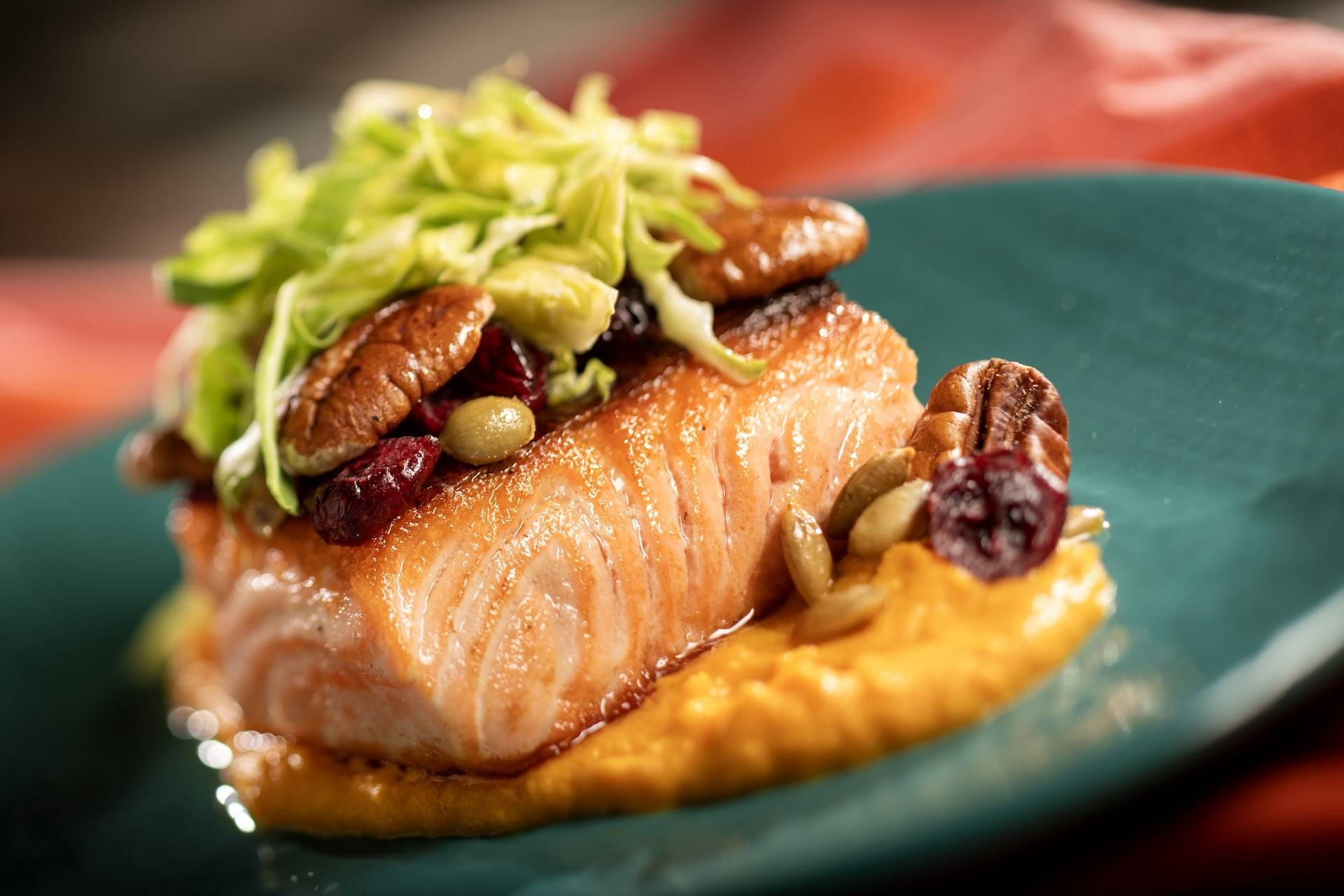 Cast Iron Seared River Trout with Vanilla Butternut Squash Puree Brussels Sprout