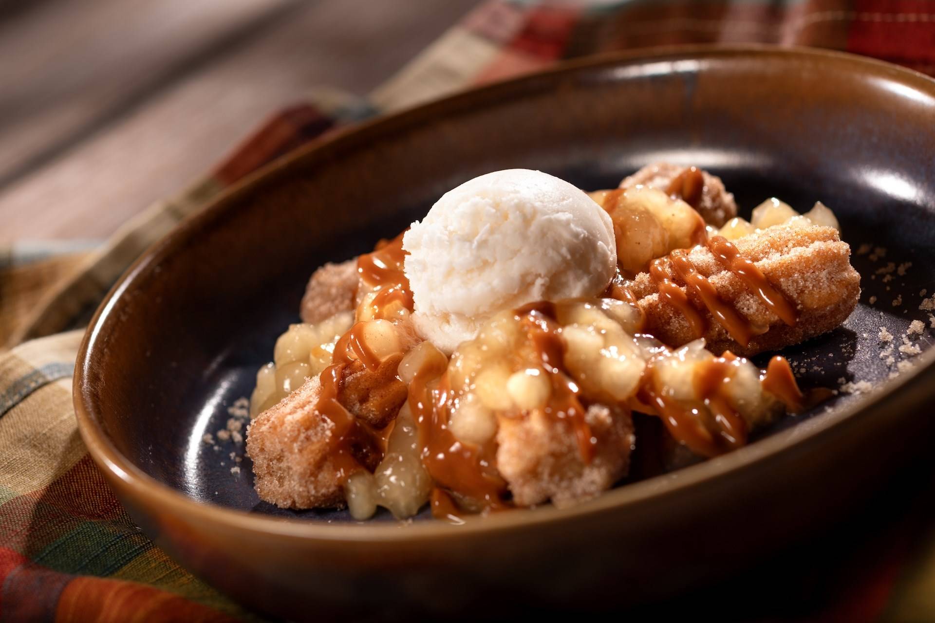 Apple Cinnamon and Caramel Mini Churros Sundae with Vanilla Bean Gelato