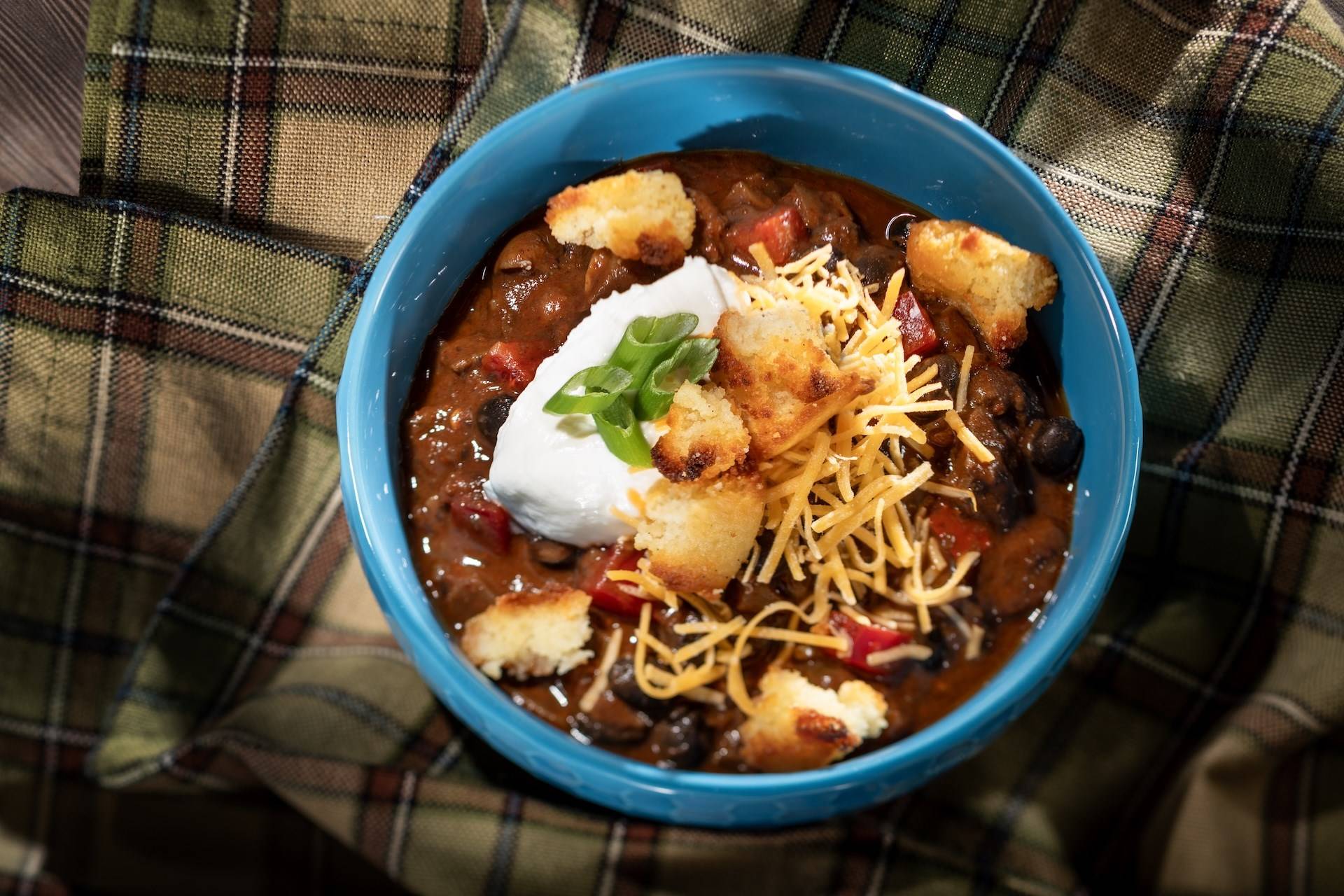 Spicy Black Bean Mushroom Chili with Plant Based Sour Cream Plant Based Cheddar