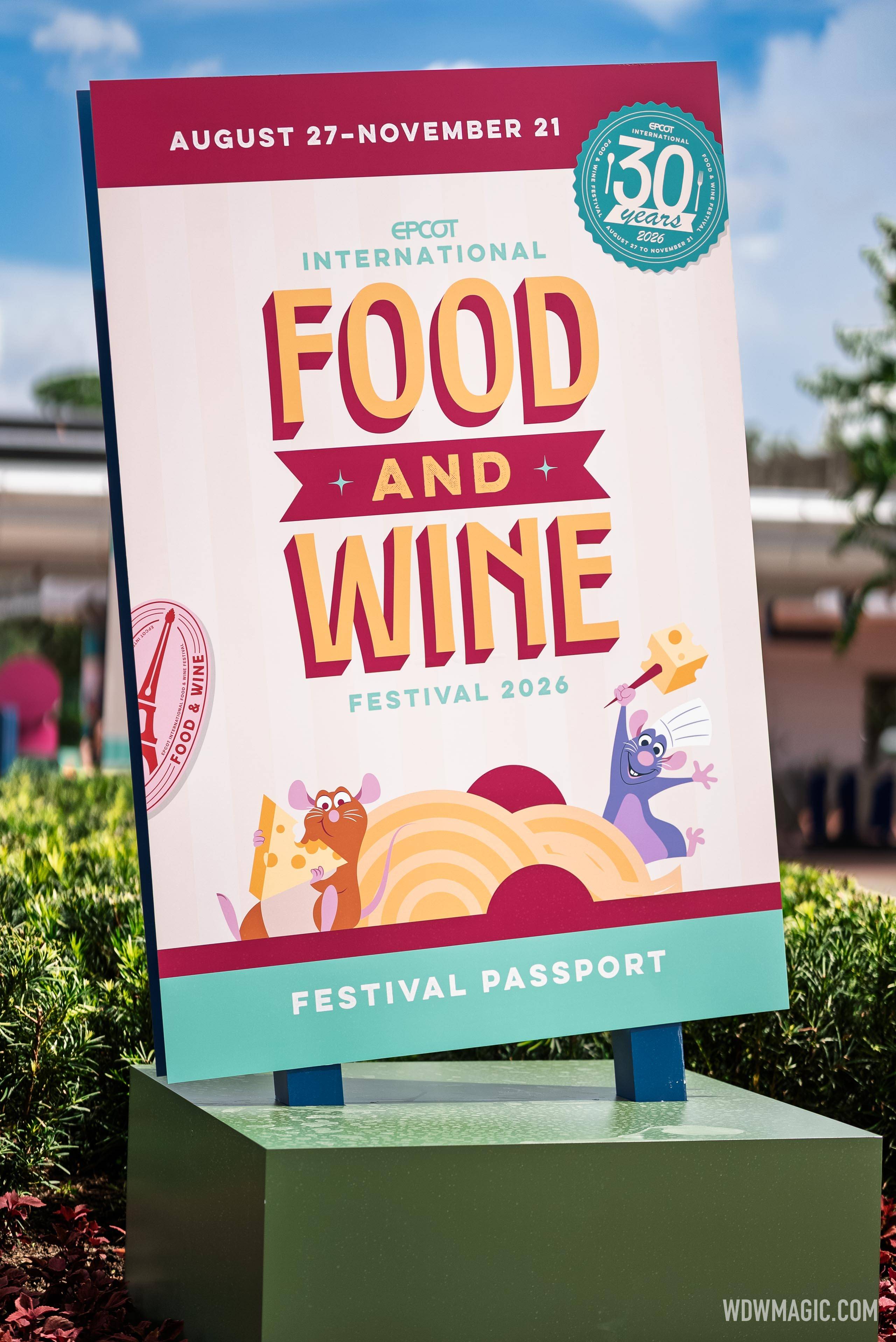 Festival Passport signage for the 2026 Epcot International Food and Wine Festival features Remy and Emile from Ratatouille alongside the Aug 27 – Nov 21 run dates and 30th anniversary badge