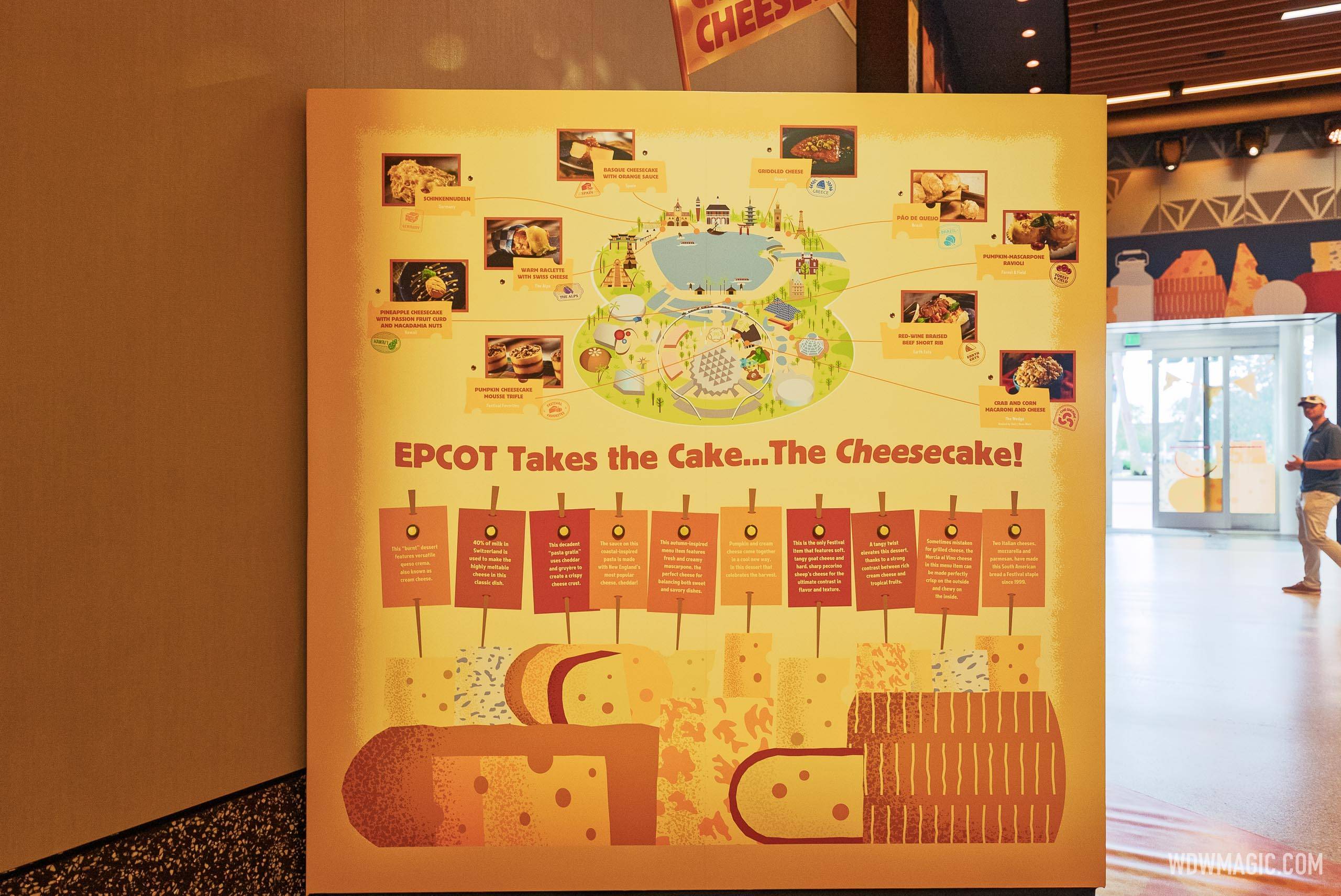 "EPCOT Takes the Cake...The Cheesecake!" display board inside CommuniCore Hall maps cheesecake offerings across the EPCOT grounds with food photos and descriptions