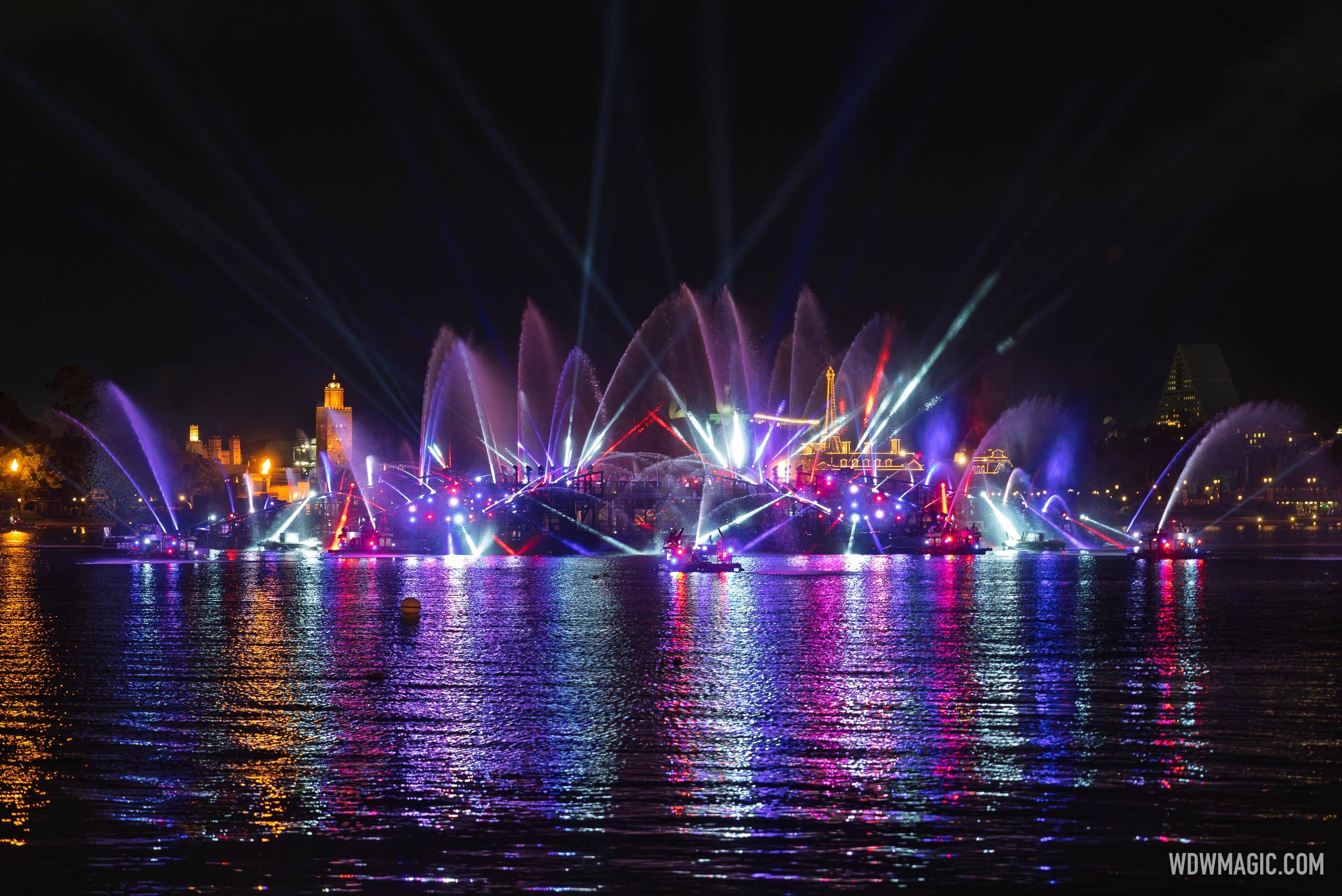 EPCOT Fireworks post show fountain display in red, white, and blue 
