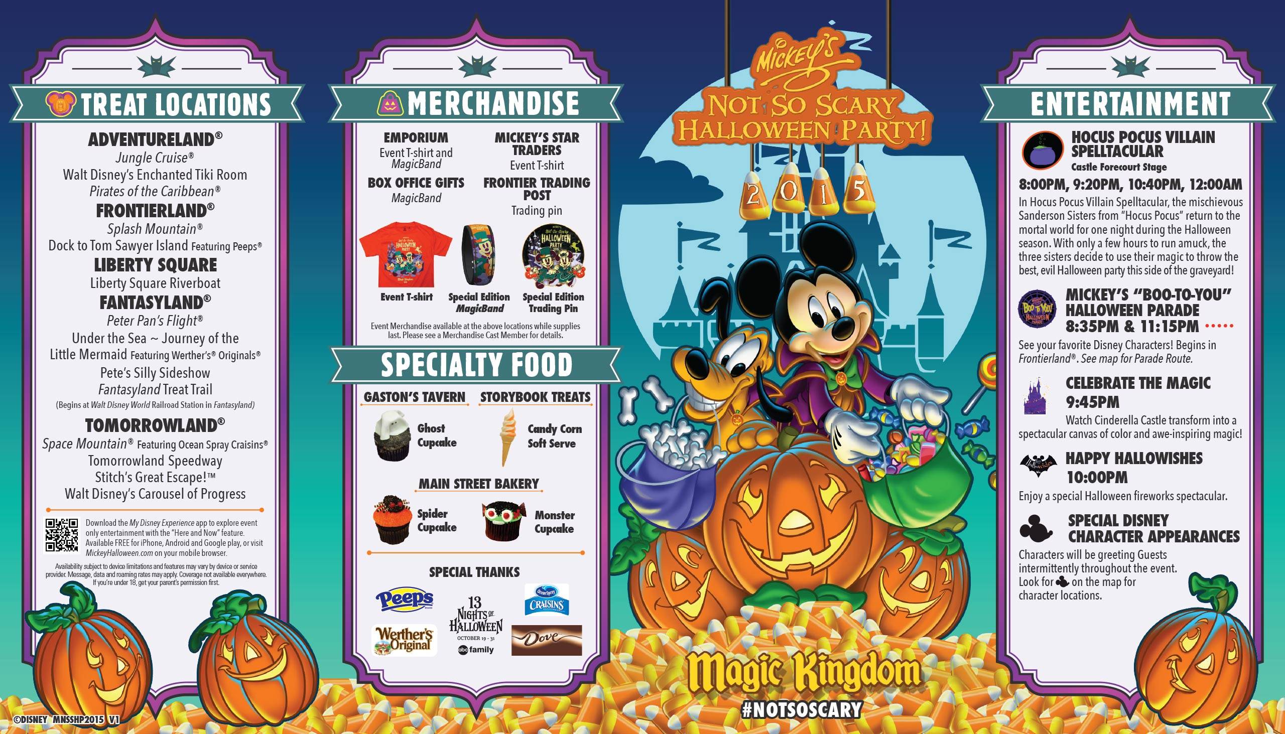 Details on the 2015 Mickey's Not-So-Scary Halloween Party entertainment schedule, trick or treat stops, dining and attractions