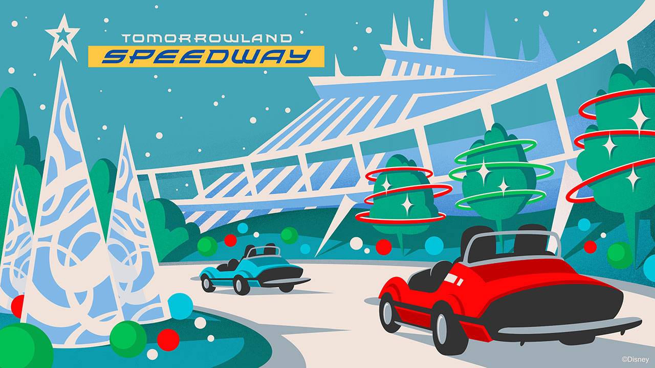 Tomorrowland Speedway holiday overlay for Mickey's Very Merry Christmas Party nights