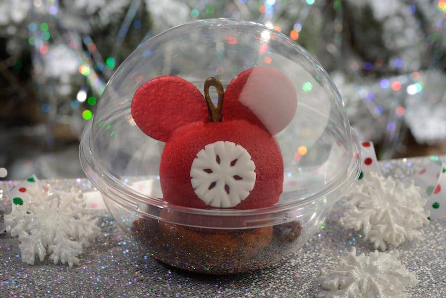 Mickey Mousse Ornament Treat: Gingerbread mousse with crispy center and a spiced almond cake with brownie crumble 