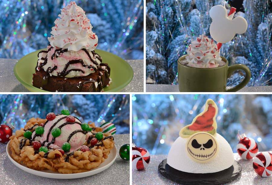 Peppermint Hot Fudge Brownie Sundae, Candy Cane Hot Cocoa, Funnel Cake Sundae, Sandy Claws Peppermint Mousse Treat