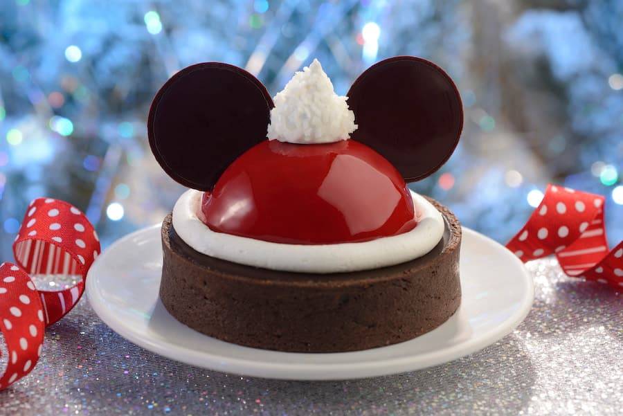 Once Upon a Christmastime Tart: Chocolate and cranberry tart with chocolate Mickey ears