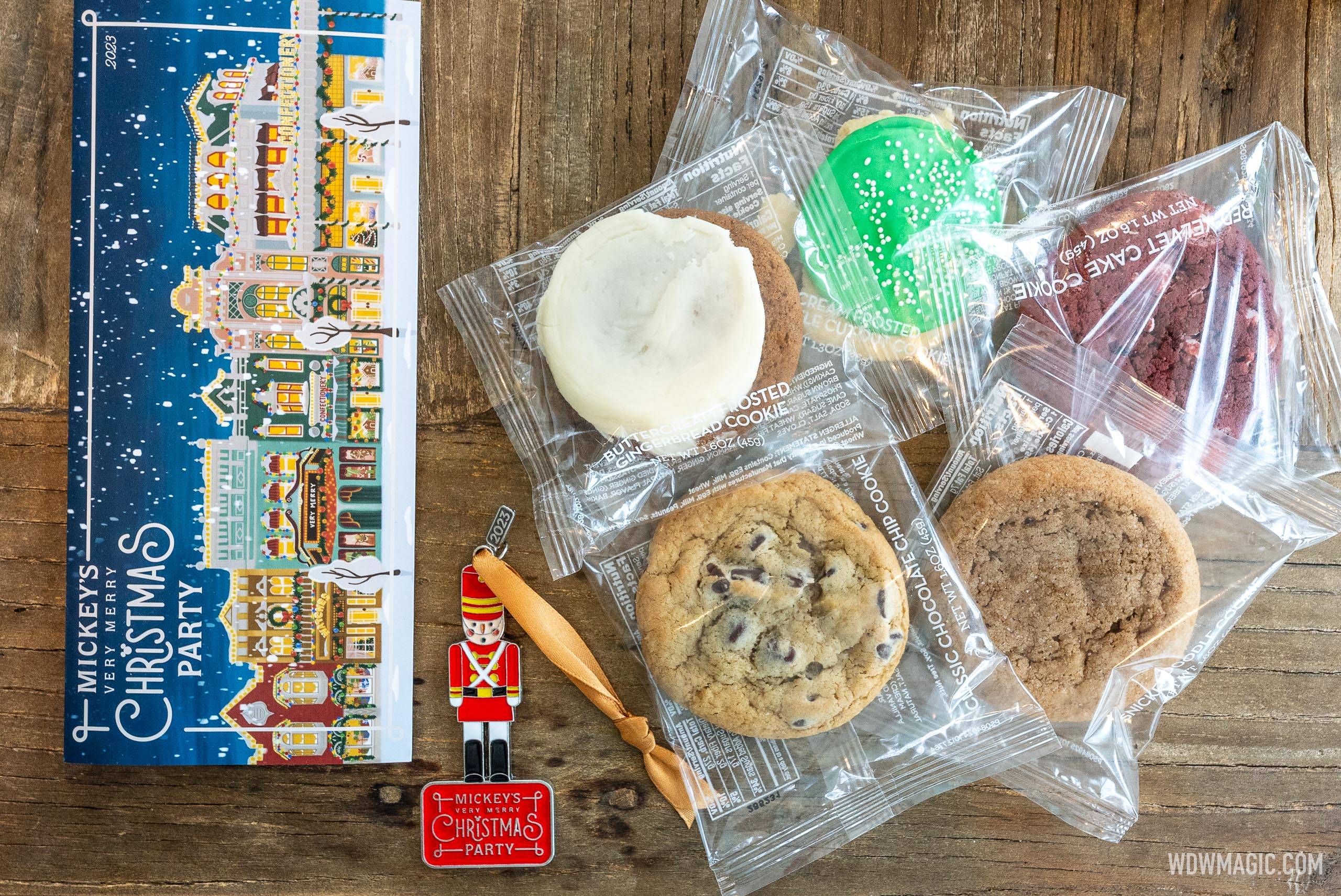 Mickey's Very Merry Christmas Party cookies, ornament, and guide map