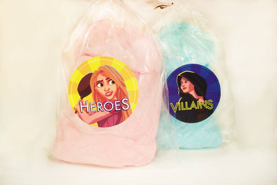Rock Your Disney Side snacks - Pink and blue cotton candy, themed to “Heroes and Villains.
