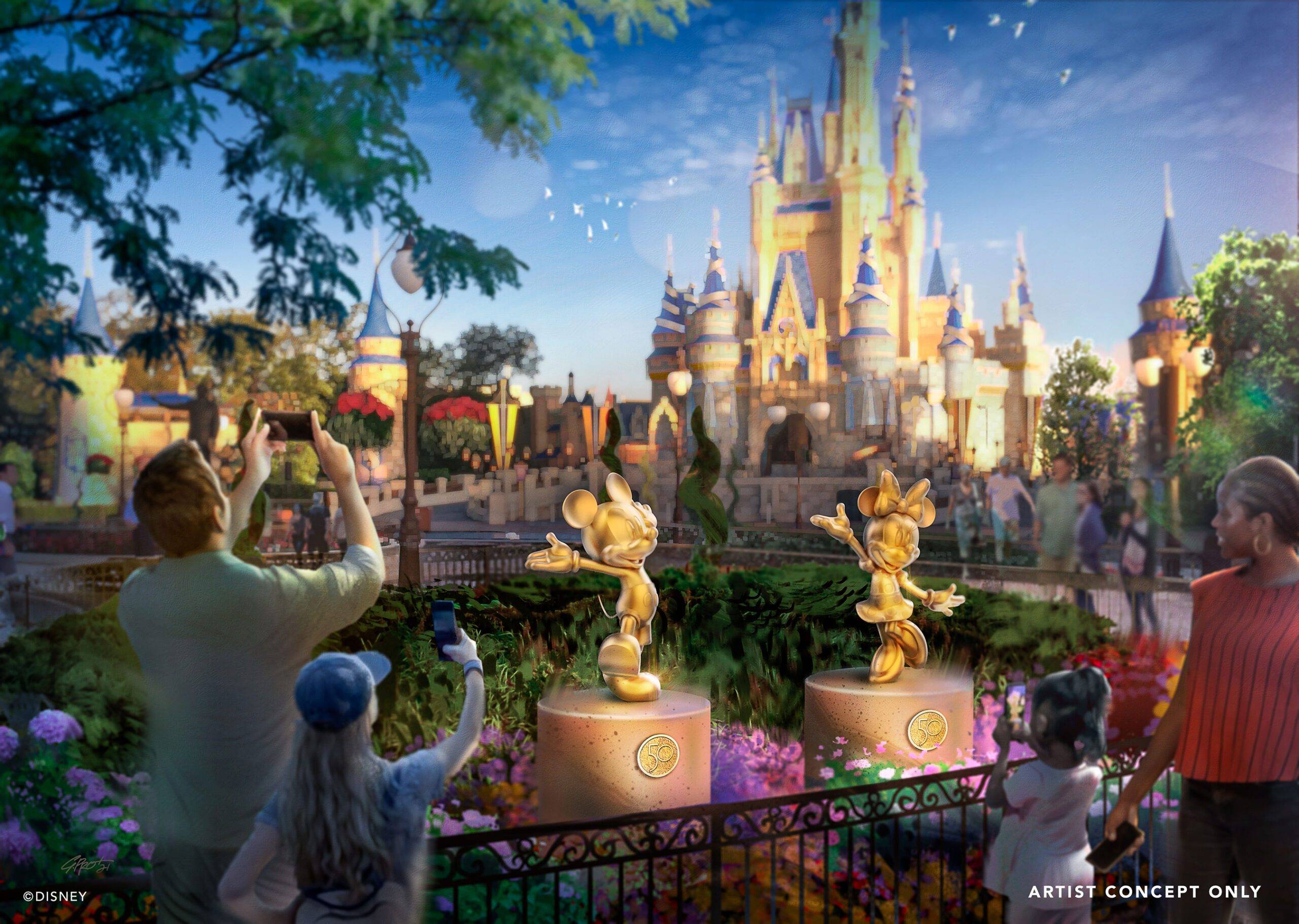 50 golden character sculptures will appear across all Walt Disney World theme parks as part of the 50th anniversary celebrations
