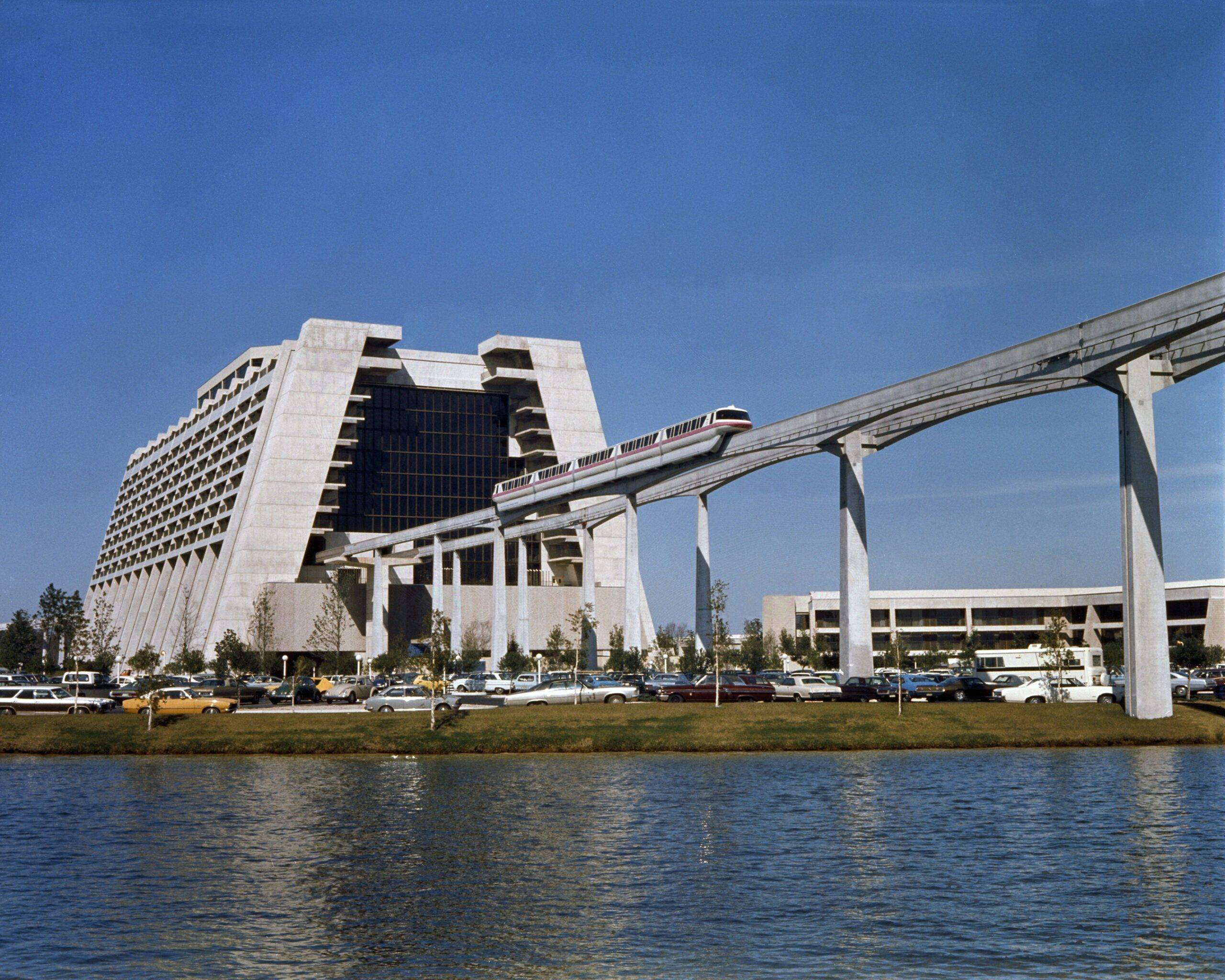 Disney’s Contemporary Resort and the Walt Disney World Monorail in 1975 at Walt Disney World Resort