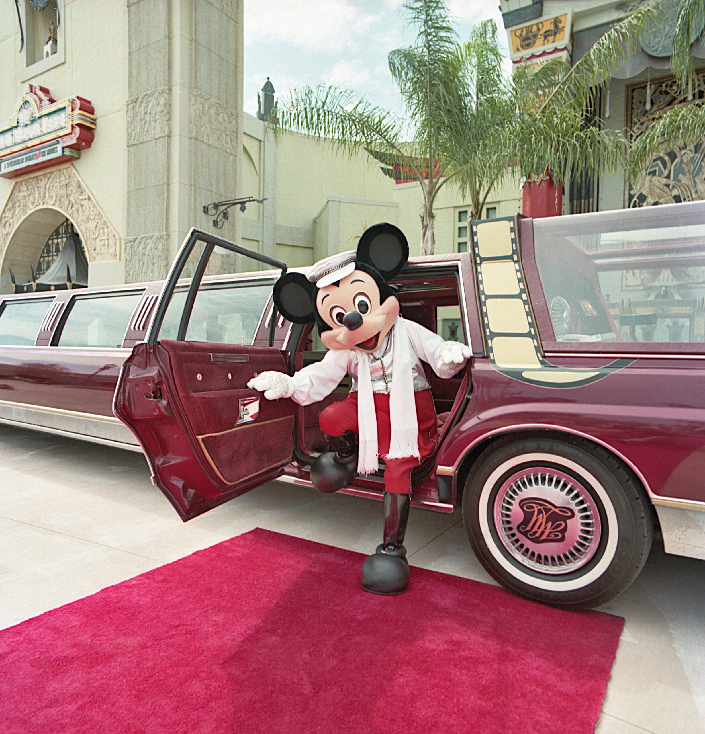 Mickey Mouse arrives in the LiMOUSEine at Disney’s Hollywood Studios at Walt Disney World Resort 1989