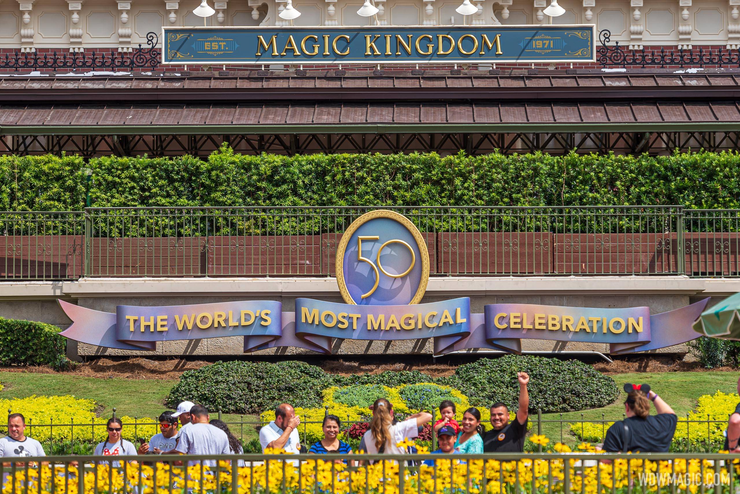 Magic Kingdom Main Street U.S.A. Train Station 50th anniversary banner