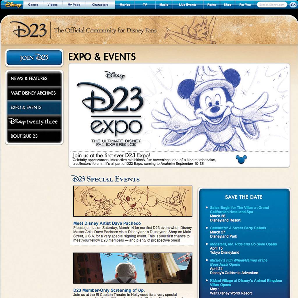 Disney announced today the launch of D23, the first official community for Disney fans in the Company’s 85-year history. Its name pays homage to 1923, the year The Walt Disney Company was founded.  Through D23, fans will go backstage and behind closed doors to get the inside scoop from every part of Disney, while experiencing the nostalgia, adventure and fantasy of Disney as never before.  Fans can stay connected to Disney every day through D23’s new Web site, www.disney.com/23 which features up-to-the-minute Disney news, feature stories, event info and more, but only D23 members will receive regular email updates on special event and merchandise opportunities exclusive to them. (Disney)