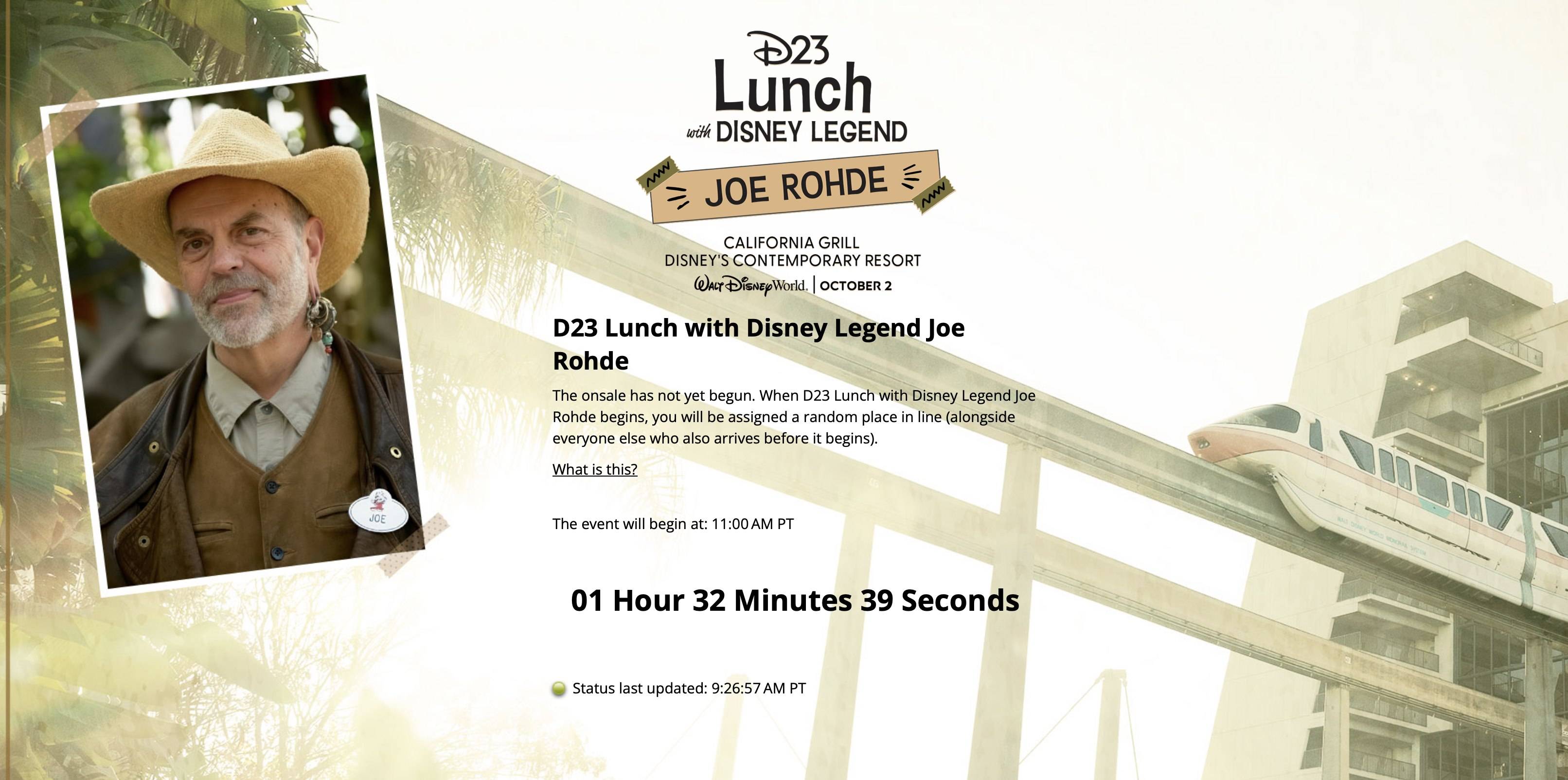 Ticket sale countdown page for the D23 Lunch with Disney Legend Joe Rohde event at California Grill