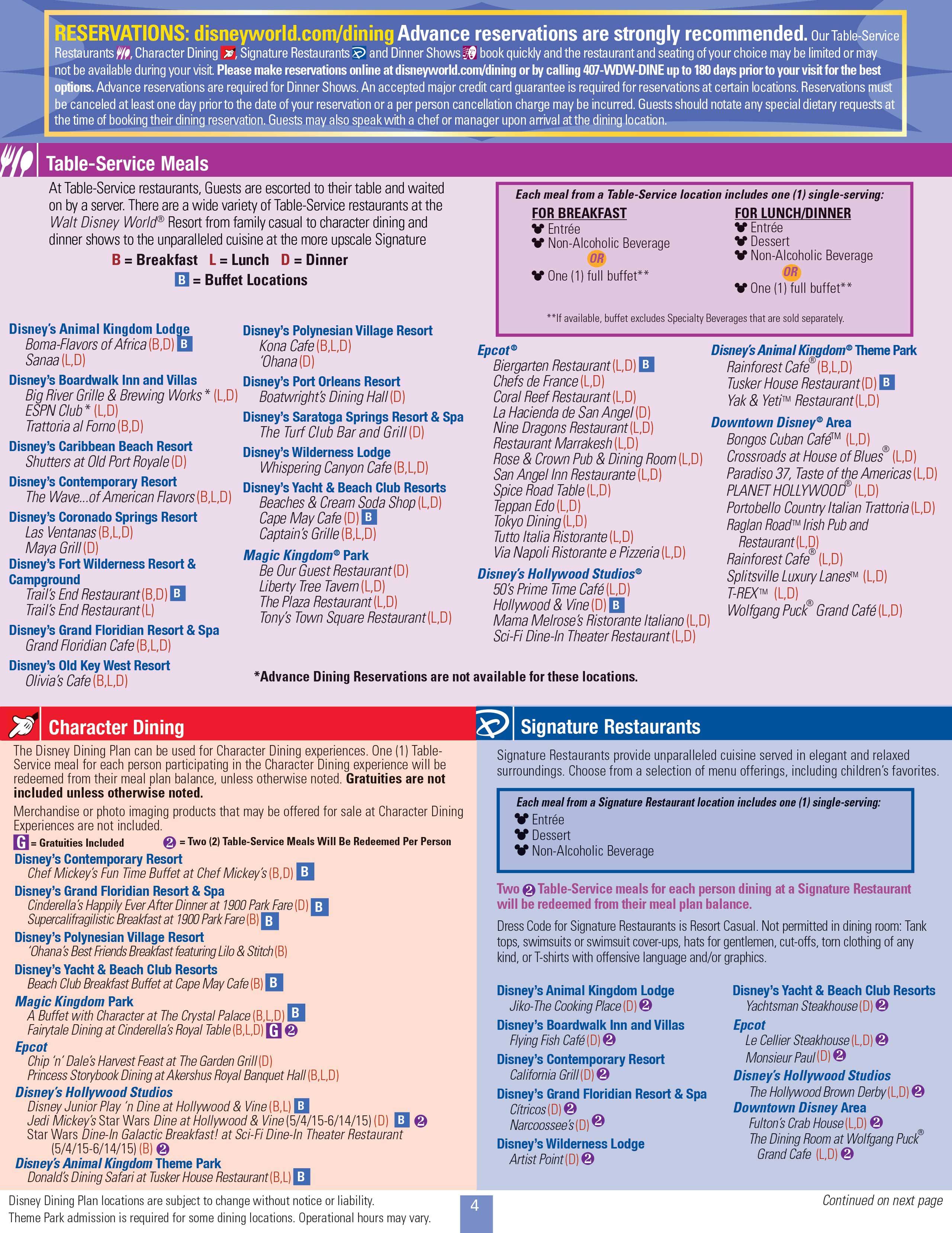 2015 Disney Dining Plan brochures