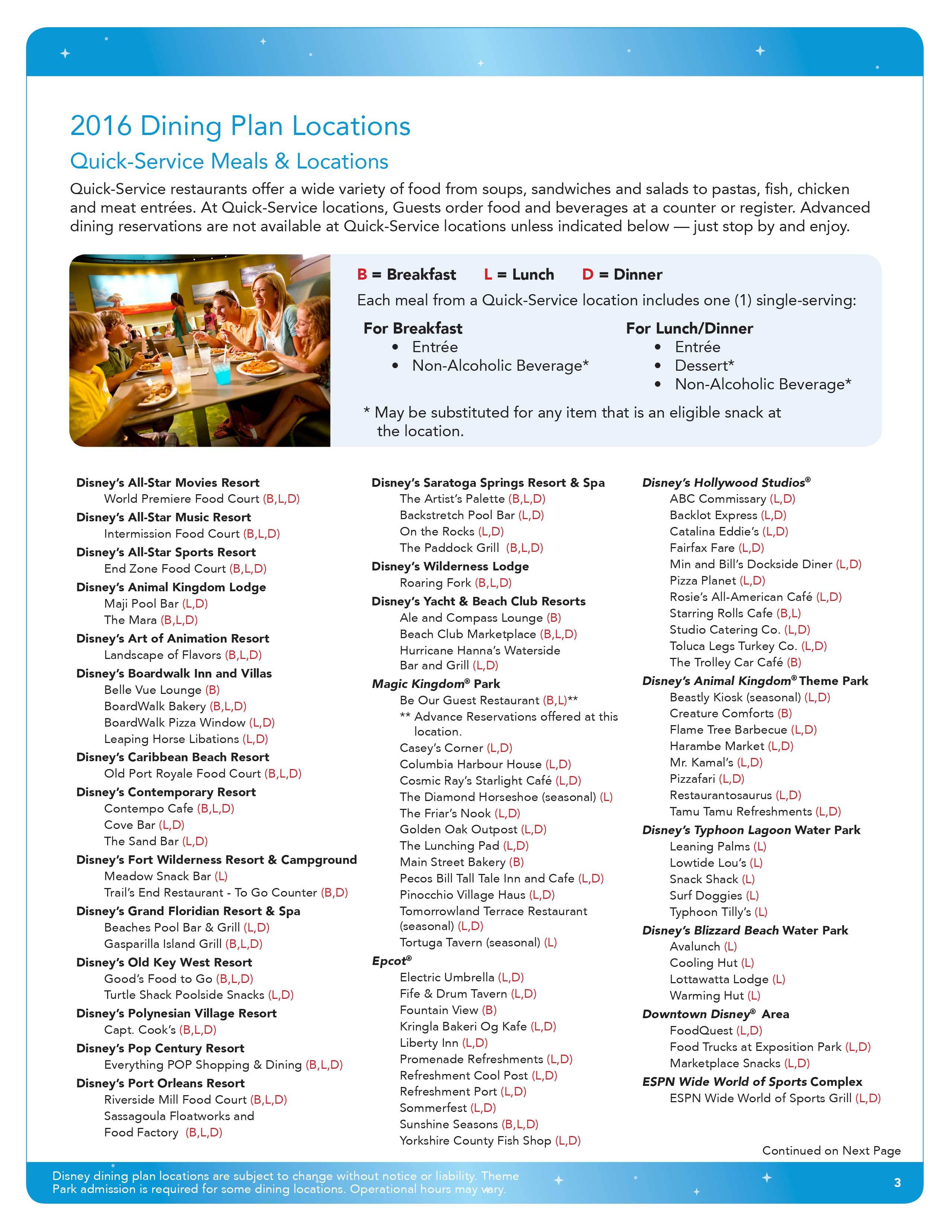 2016 Disney Dining Plan brochures