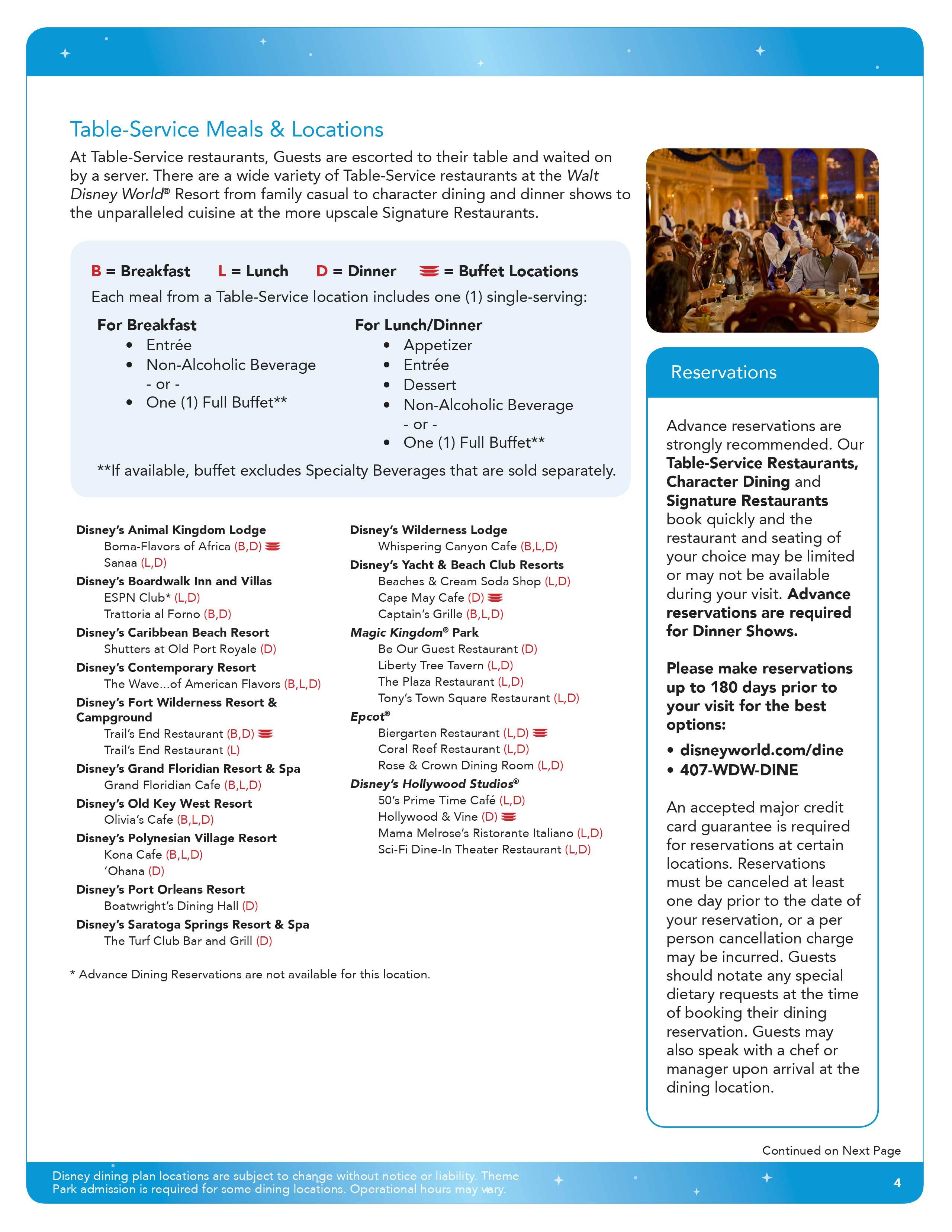 2016 Disney Dining Plan brochures updated to include appetizers for Deluxe plan