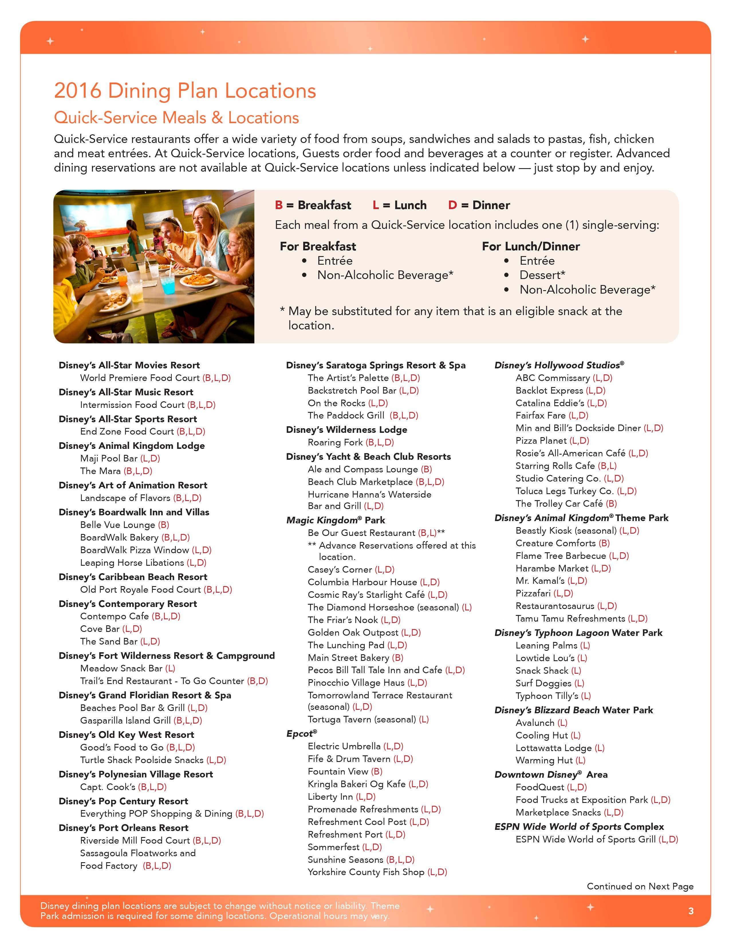 2016 Disney Dining Plan brochures