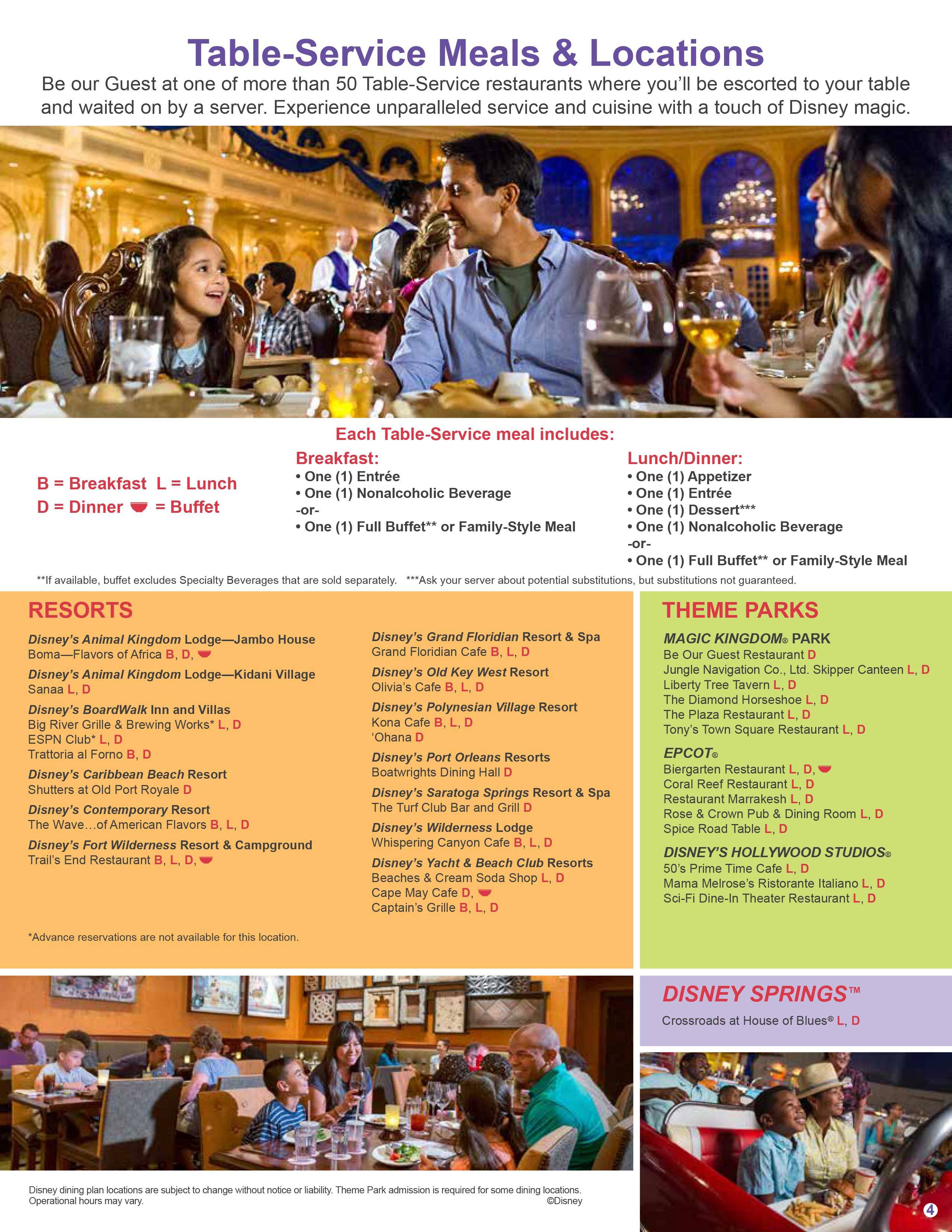 2017 Disney Dining Plan brochures