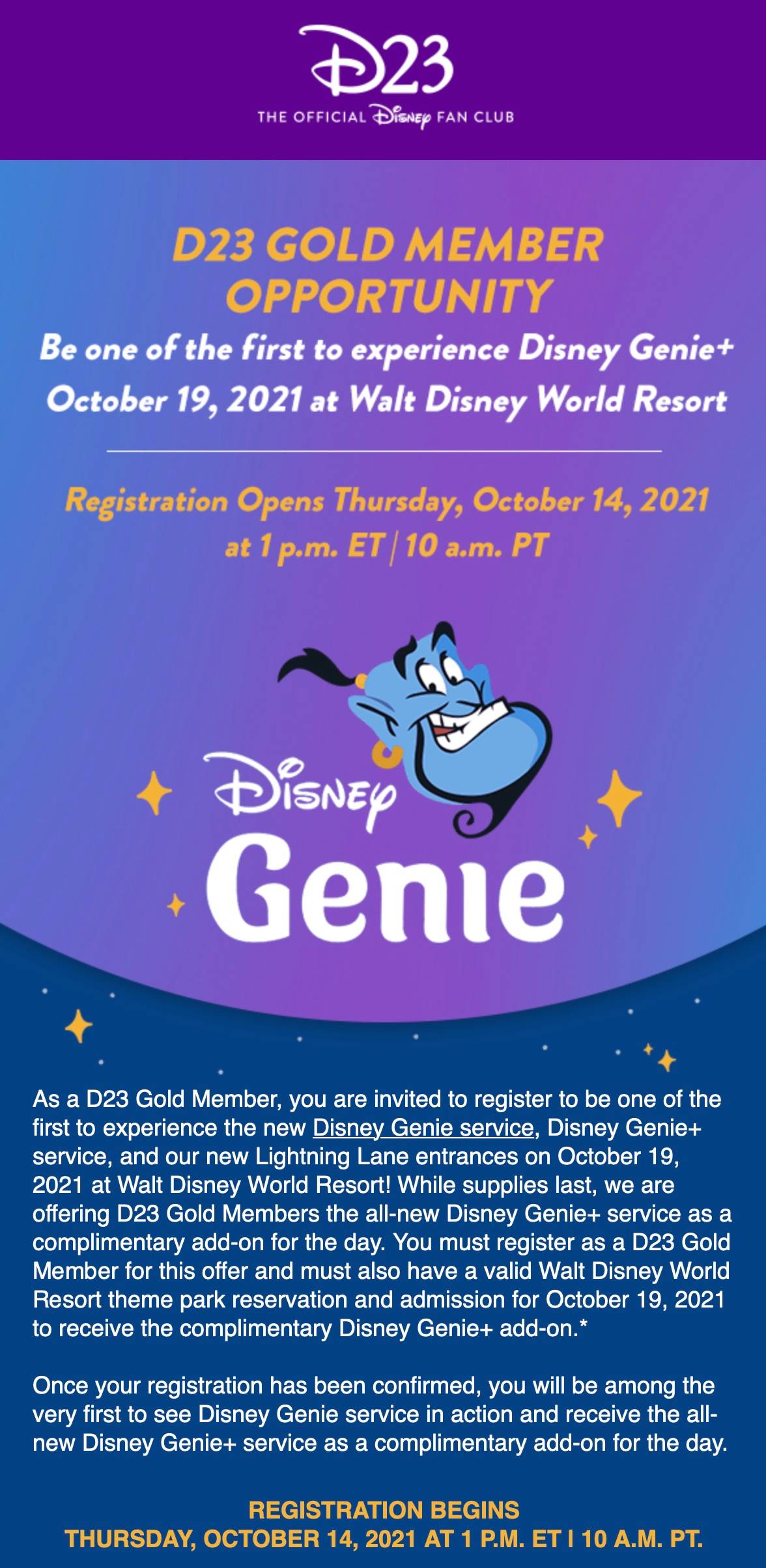 D23 Gold Members can register for a complimentary Disney Genie+ add-on for  the debut of the new service at Walt Disney World