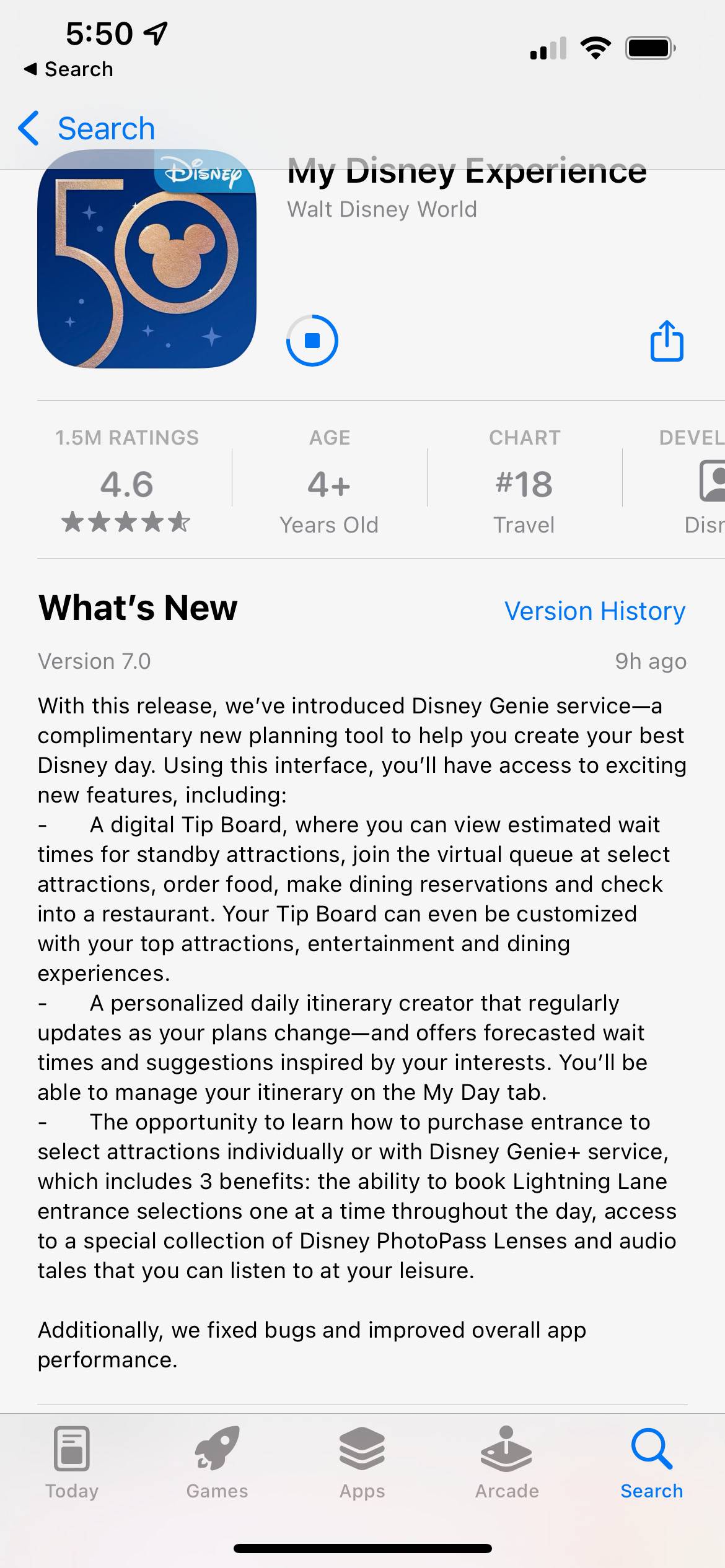 App Store update details for My Disney Experience to enable Genie