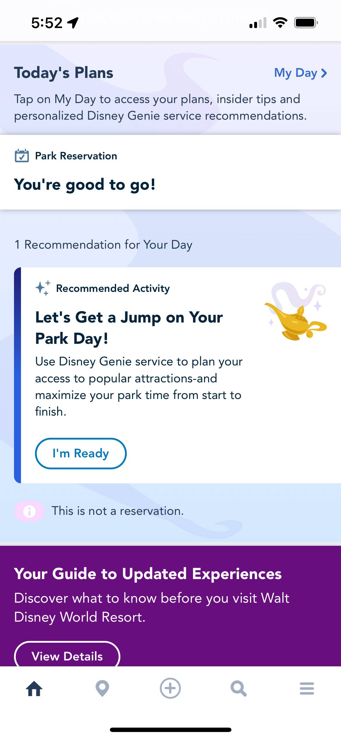 My Disney Experience homepage with Disney Genie