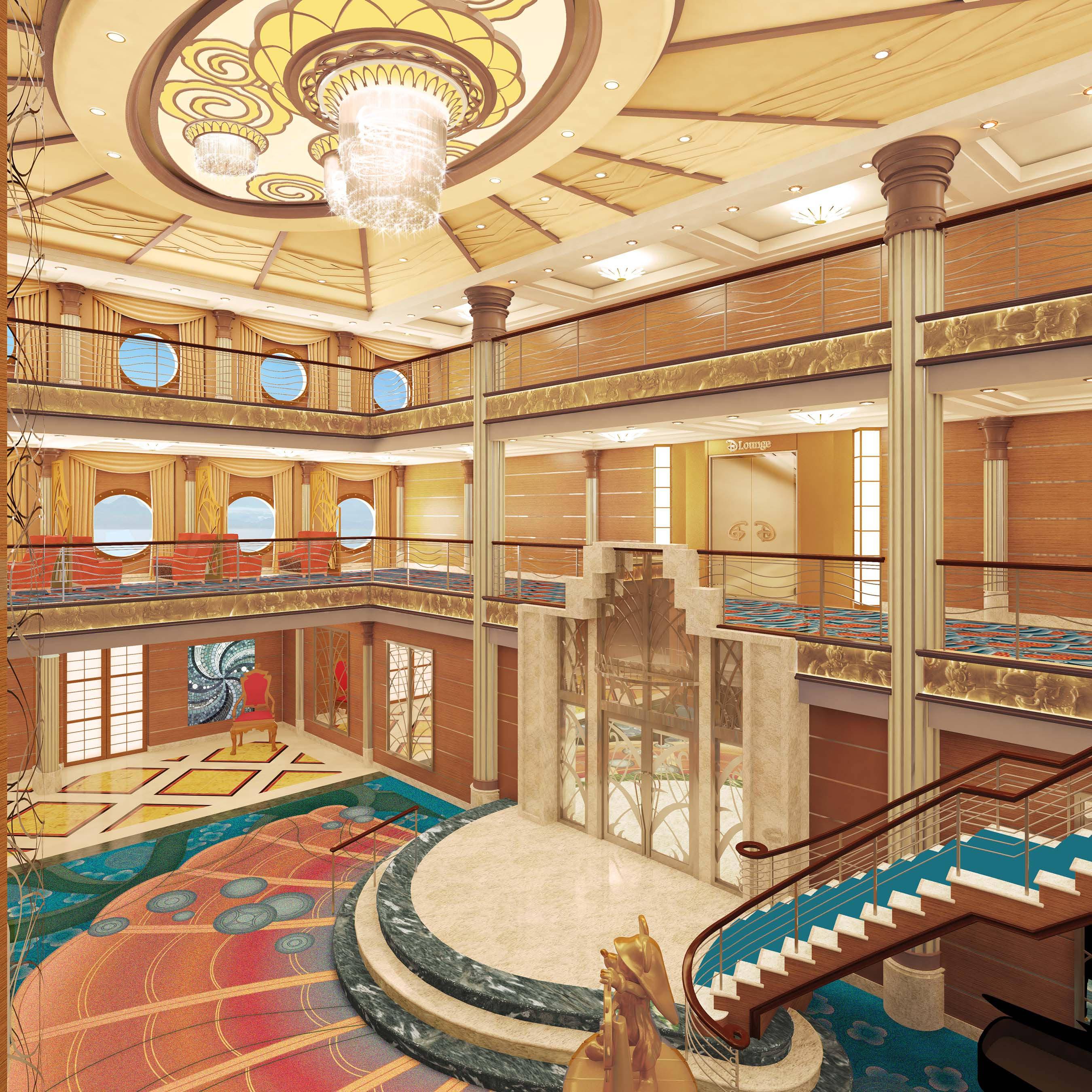 The grand atrium lobby on the Disney Magic, inspired by elegant art deco and elements of the sea, features a palette of vibrant coral, blue and aquamarine, a dazzling new chandelier and a grand staircase. Exuding the elegance of the early 20th century ocean liners, the redesigned Disney Magic atrium will be complete after the ship undergoes dry dock this fall.