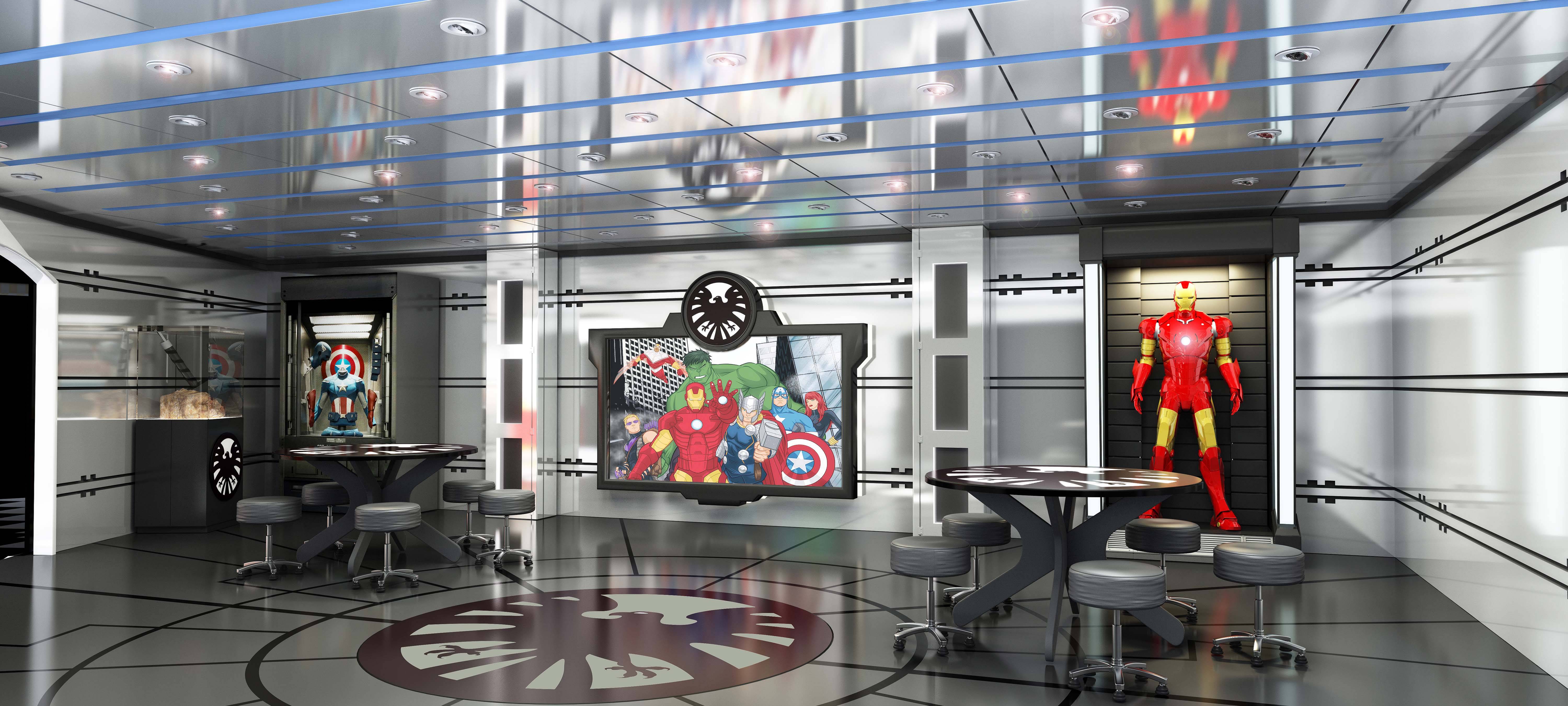 Marvel’s Avengers Academy in Disney’s Oceaneer Club on the Disney Magic invites young crime-fighters into a high-tech command post used by The Avengers for special missions and operations training. Throughout the base, displays featuring some of the equipment that make The Avengers the earth’s mightiest heroes – Iron Man’s suit of armor, Captain America’s shield and Thor’s hammer — inspire super hero “recruits” through their academy missions.