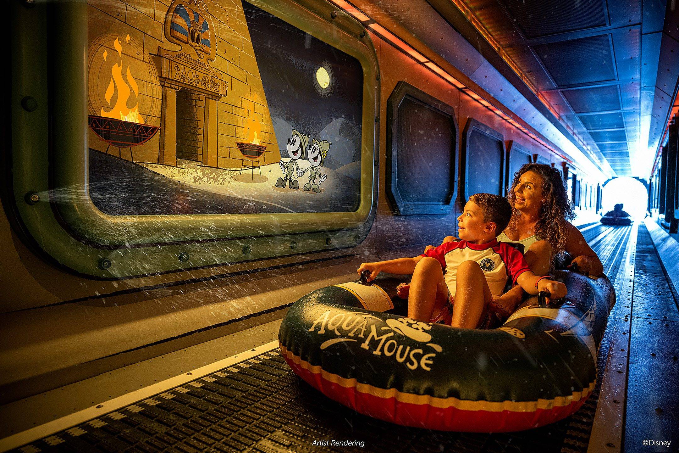 AquaMouse: Curse of the Golden Egg, Disney Cruise Line’s own attraction at sea, will introduce an all-new storyline to its existing lineup that follows Mickey Mouse and Minnie Mouse on a zany misadventure into an ancient temple. Suspended high above the upper decks, powerful jets will propel two-person ride vehicles through 760 feet of winding tubes, offering breathtaking views of the ocean and the ship below.