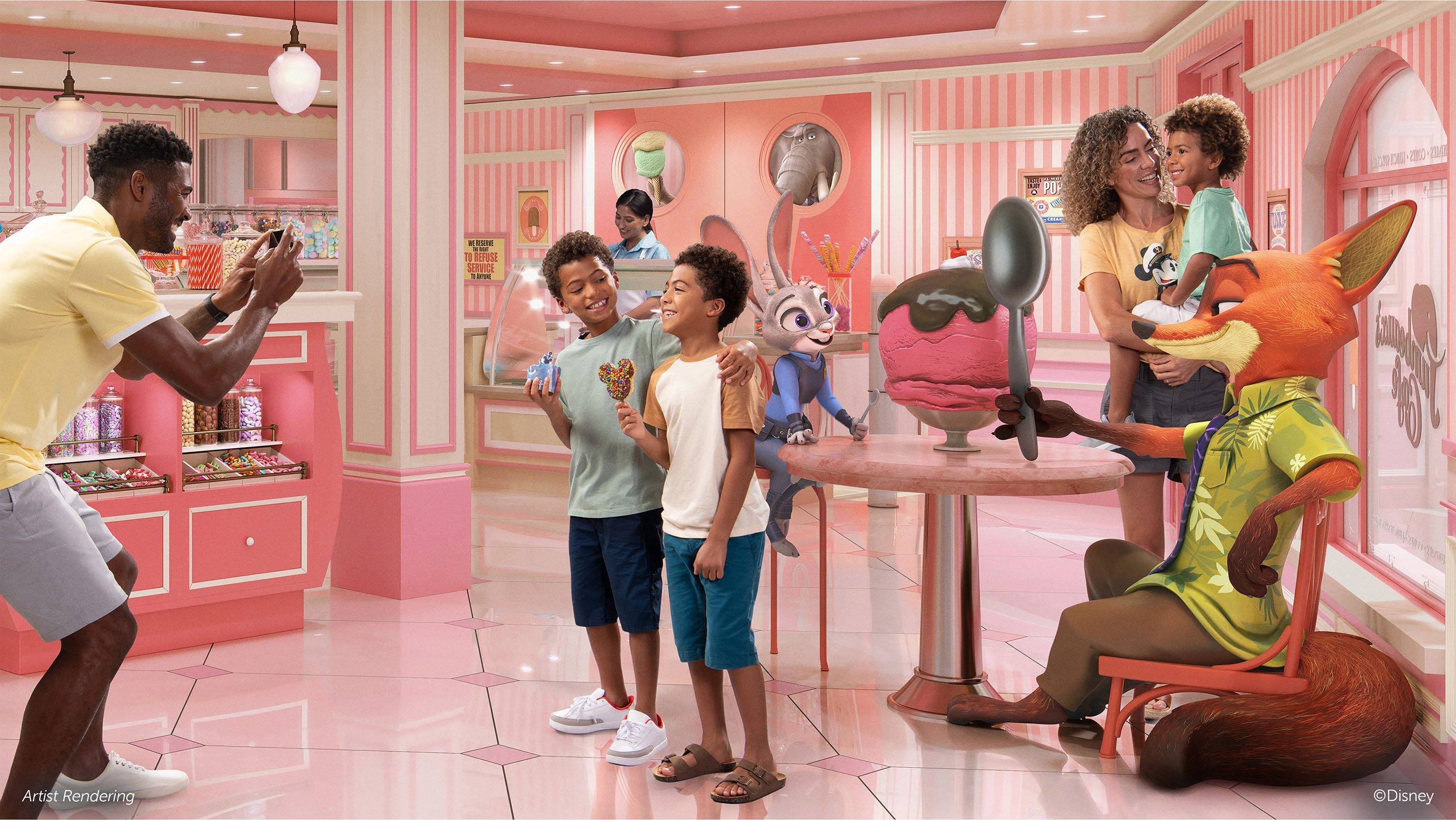 Jumbeaux’s Sweets, will be reminiscent of the popular ice cream parlor, Jumbeaux Café, from the bustling mammal metropolis featured in Disney’s “Zootopia.” Surrounded by playful pink interiors, Victorian-style architecture and an endearing sculpture of Officer Judy Hopps and Nick Wilde, guests will be served humor and heart by the cone full, along with a selection of more than 35 flavors of handmade gelato, ice cream and sorbets, specialty treats, candies and more. 