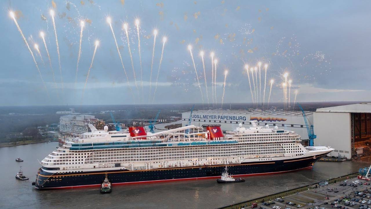See the newest Disney Cruise Line Ship the Disney Wish take to the water at the Meyer Werft shipyard in Germany