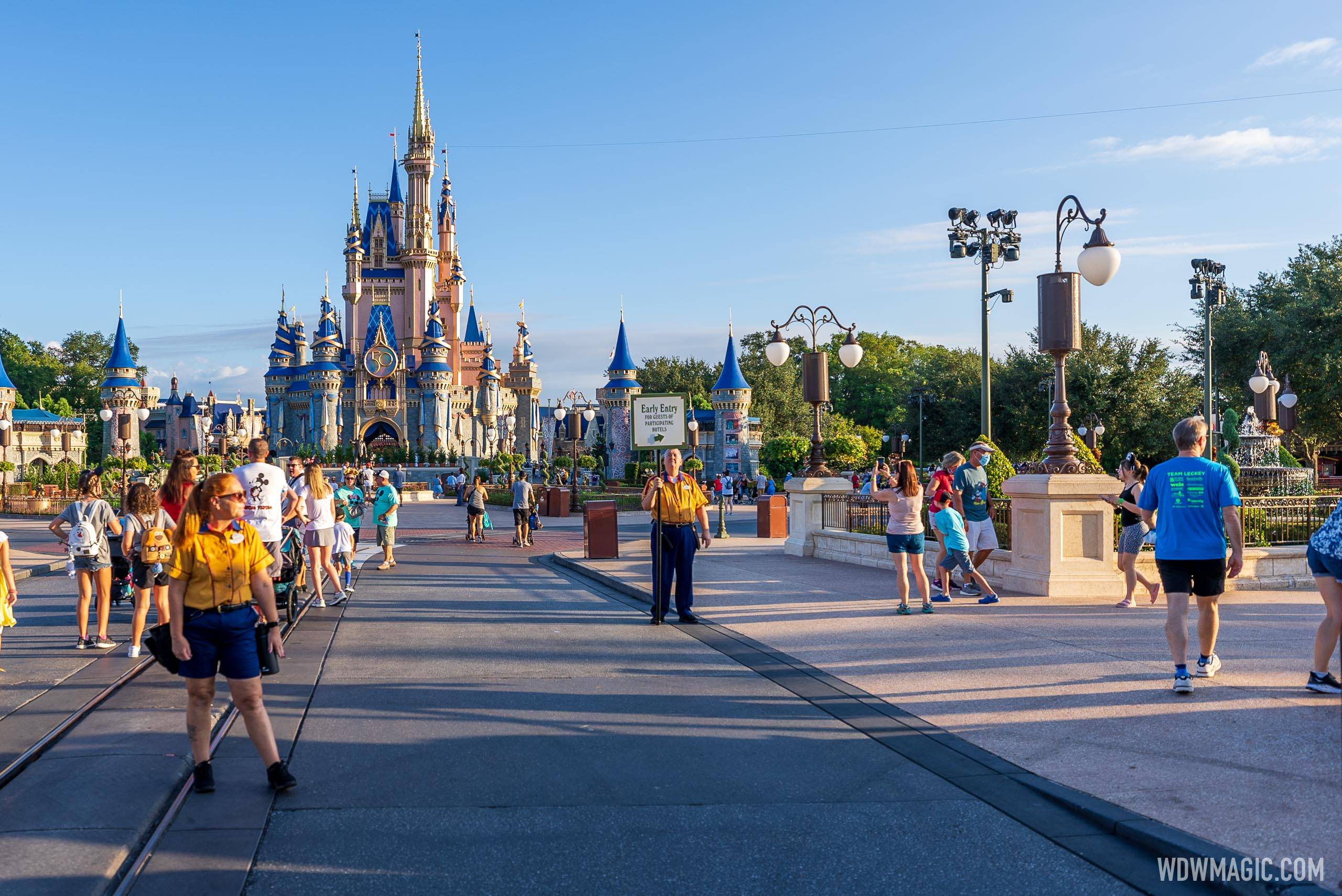 Walt Disney World Resort hotel guests head to the right side of Main Street U.S.A. for Early Entry